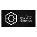 Black beach towel with white Pelagic Shores logo.