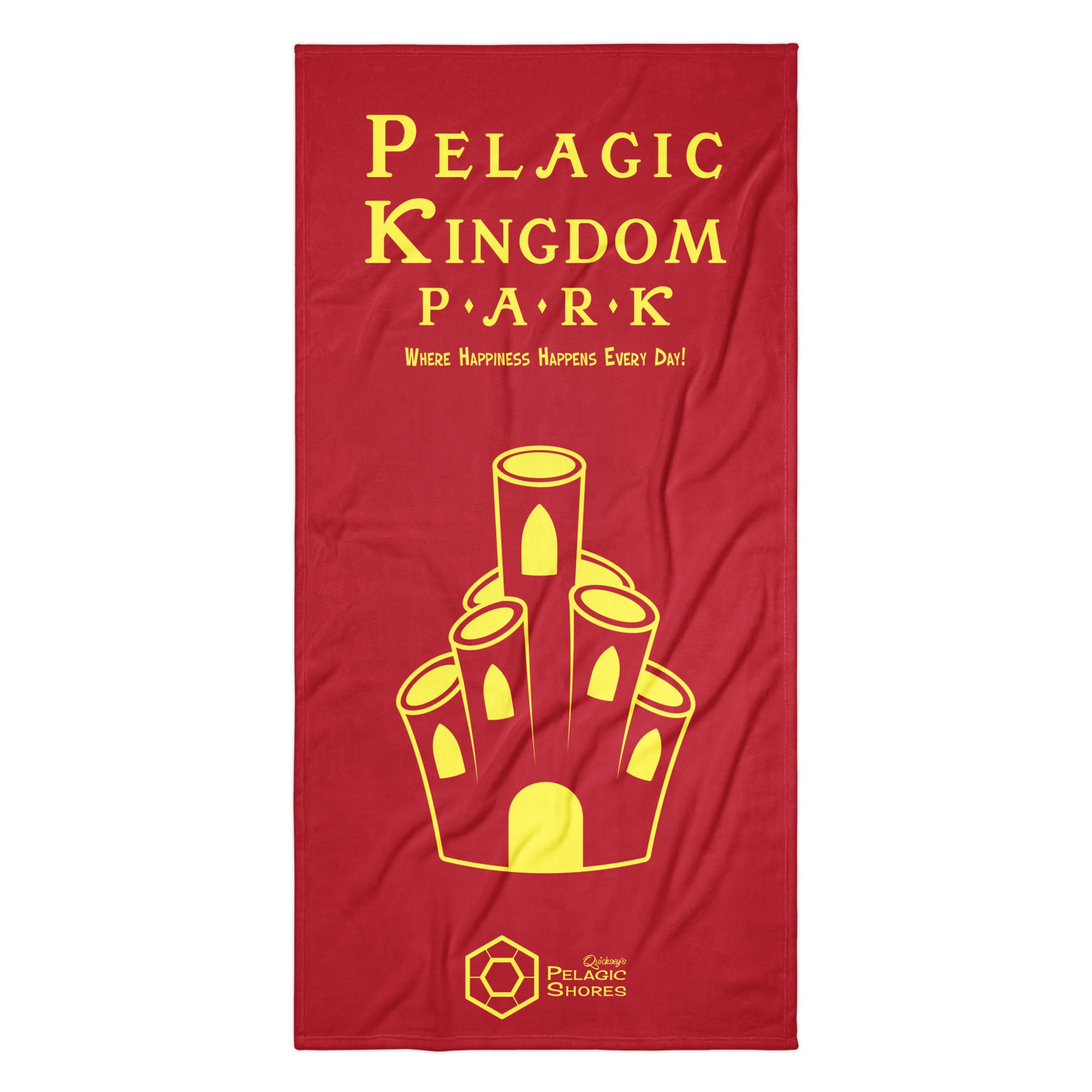 Red towel with yellow text and castle graphic on a white background