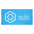 Blue towel with white logo and text on a white background