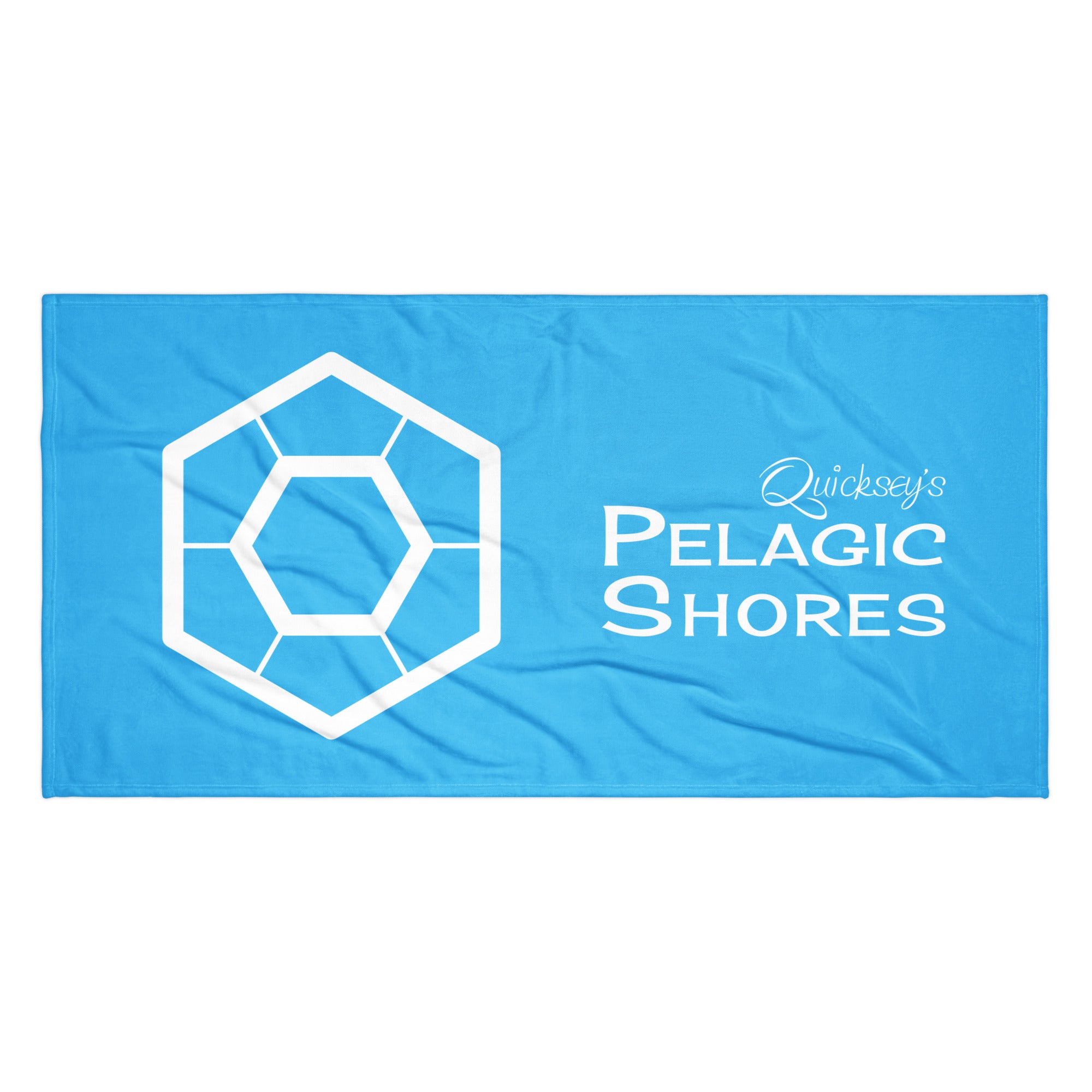 Blue towel with white logo and text on a white background