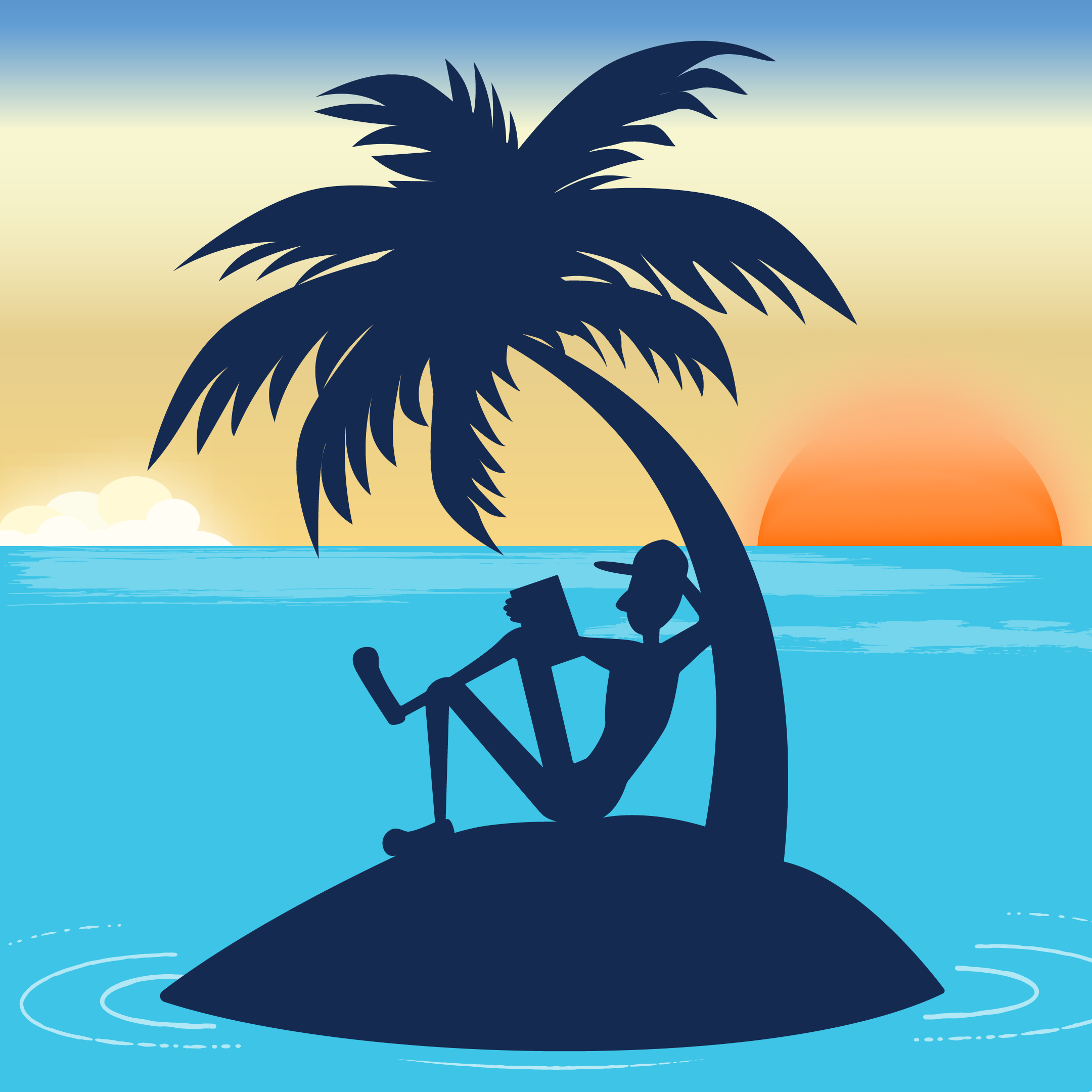 Silhouette of a person relaxing under a palm tree on an island with a sunset in the background.