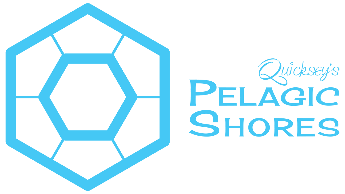 Blue logo of Quicksey's Pelagic Shores with a hexagonal geometric design and text.
