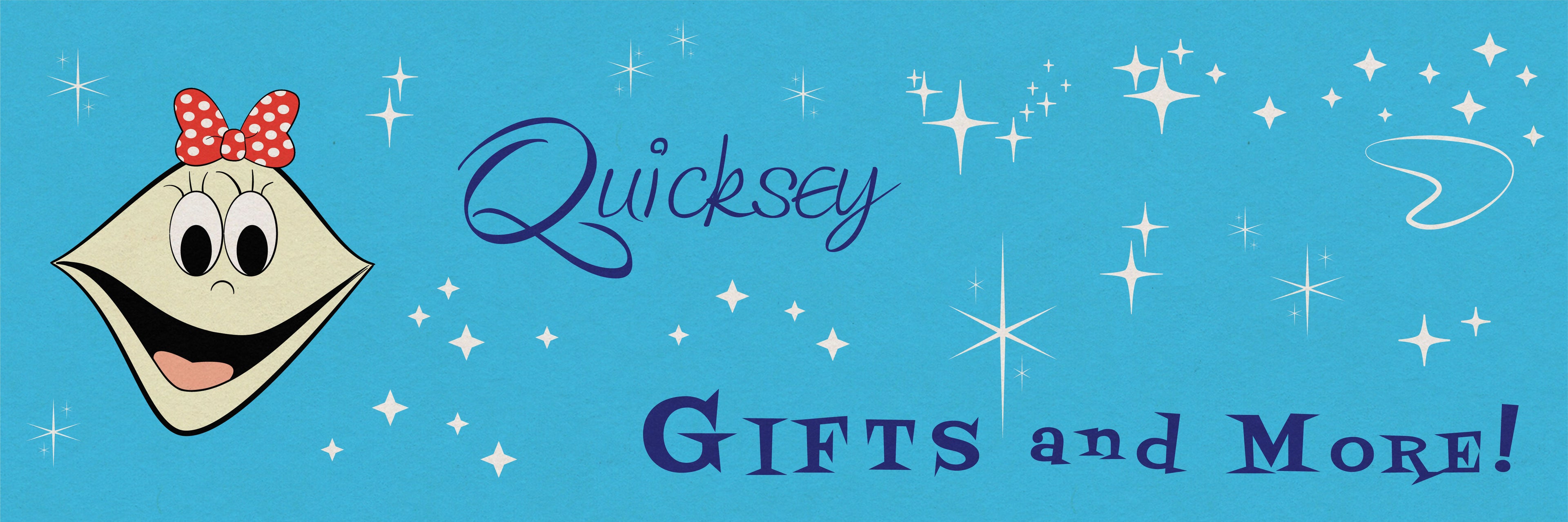 Logo of Quicksey Gifts and More with smiling Caly Clam on a blue background with stars and sparkles.