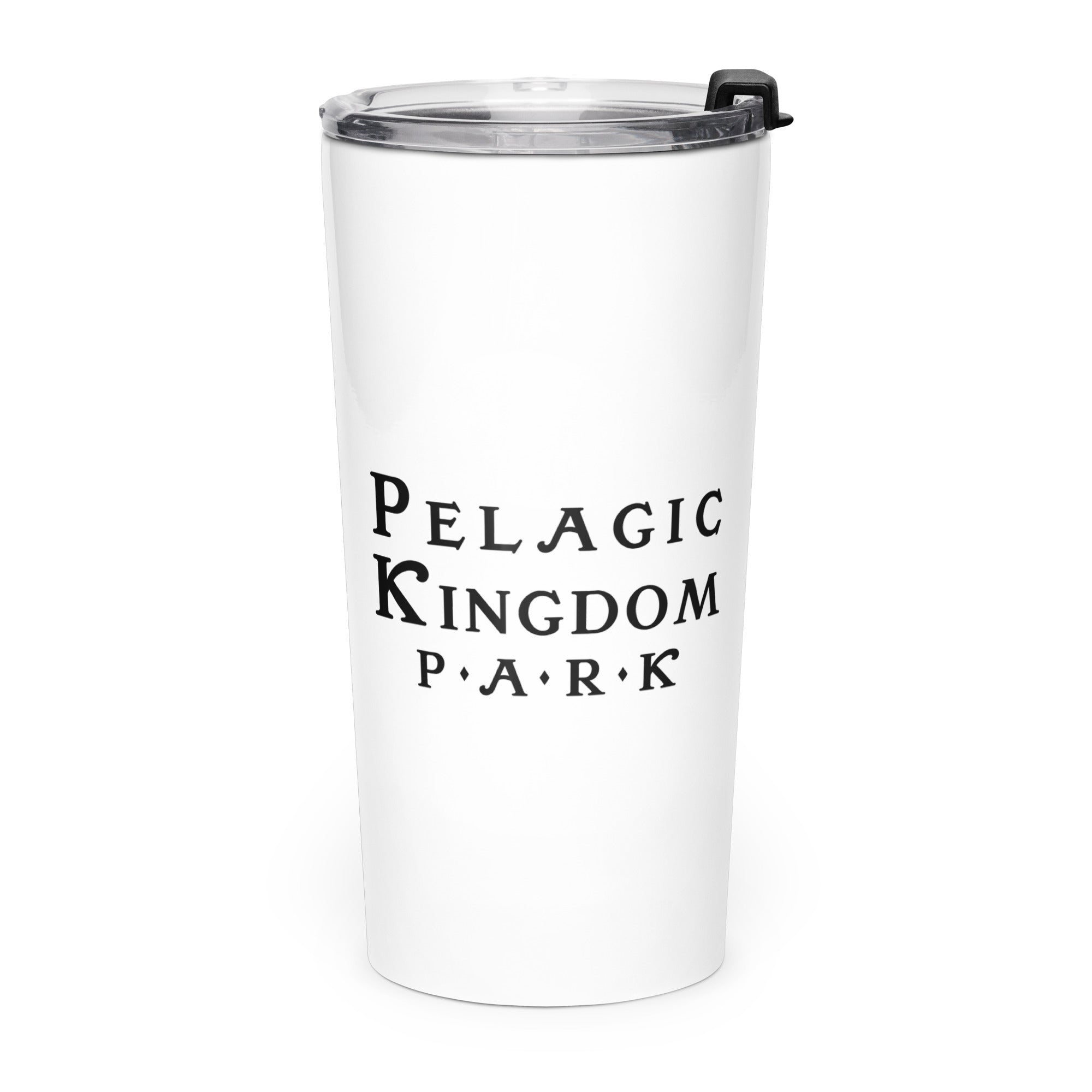 White stainless steel tumbler with the Pelagic Kingdom Park logo in black