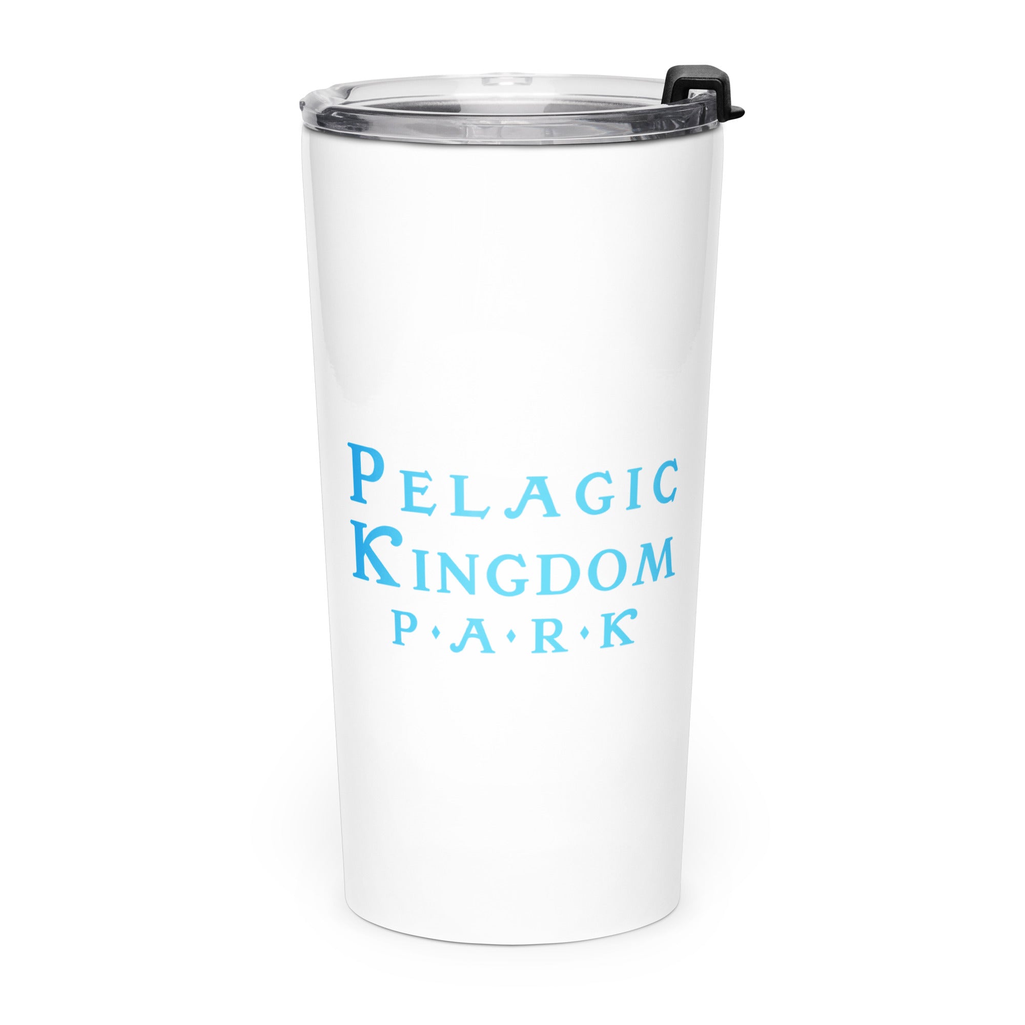 White stainless steel tumbler with the Pelagic Kingdom Park logo in blue