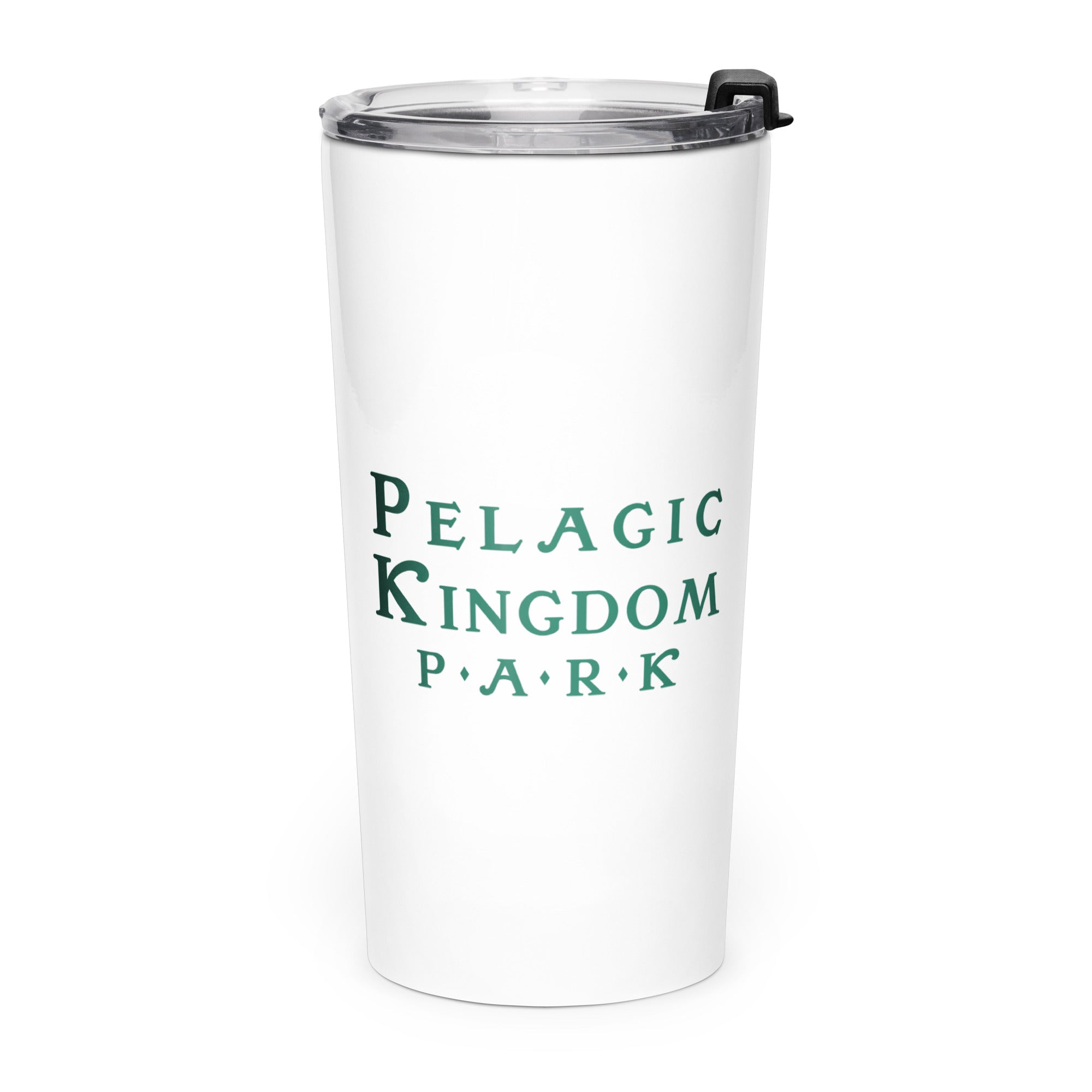 White stainless steel tumbler with the Pelagic Kingdom Park logo in green