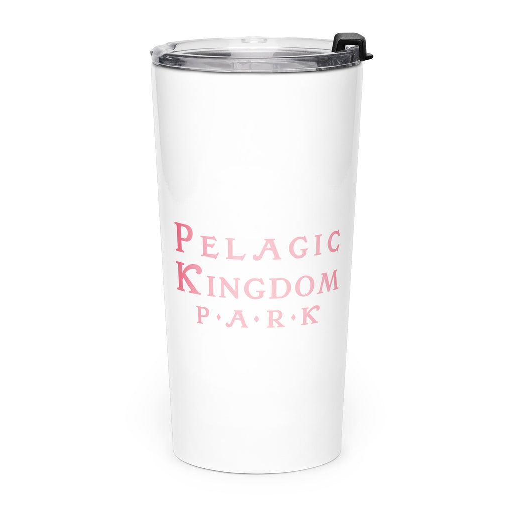 White stainless steel tumbler with the Pelagic Kingdom Park logo in pink