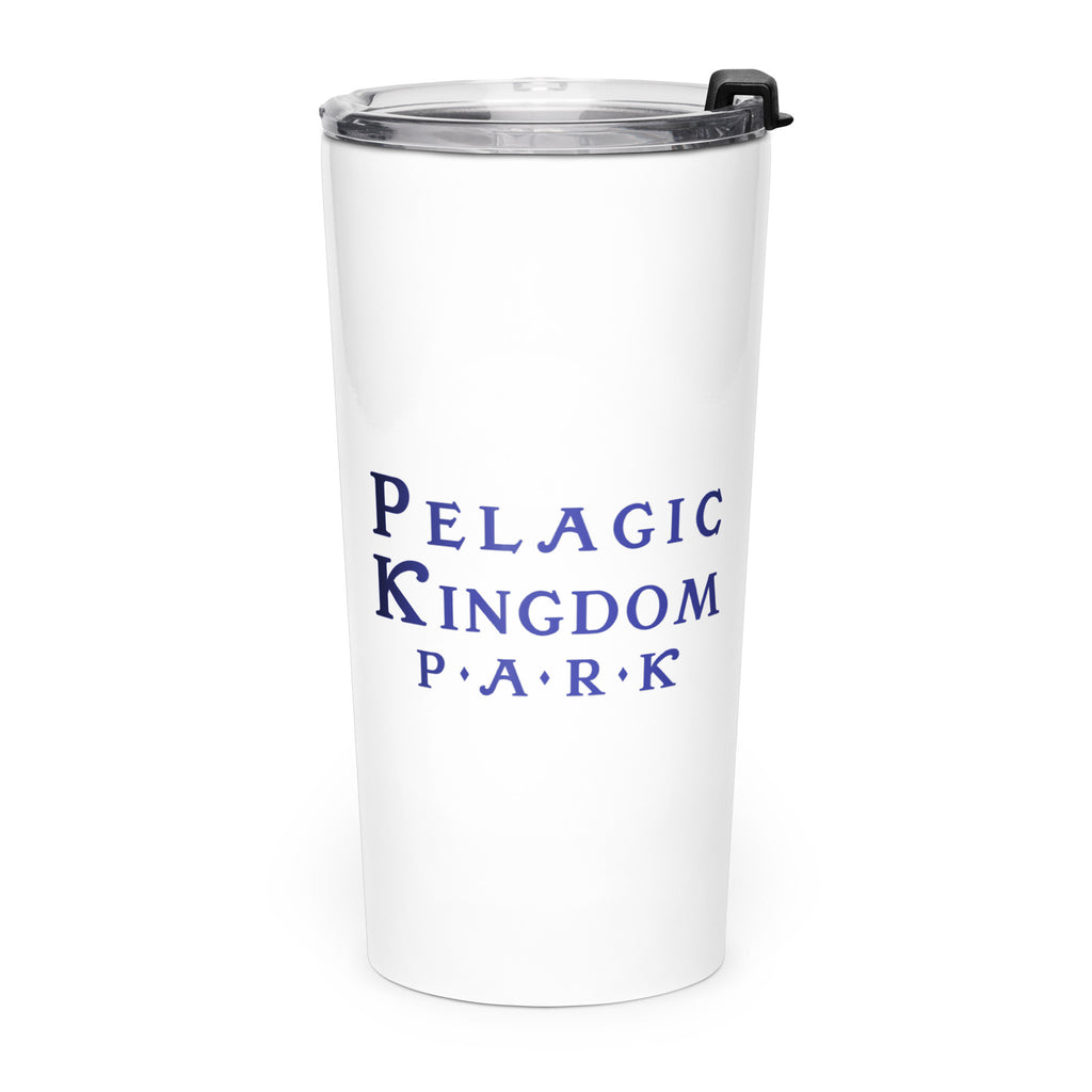 White stainless steel tumbler with the Pelagic Kingdom Park logo in dark blue