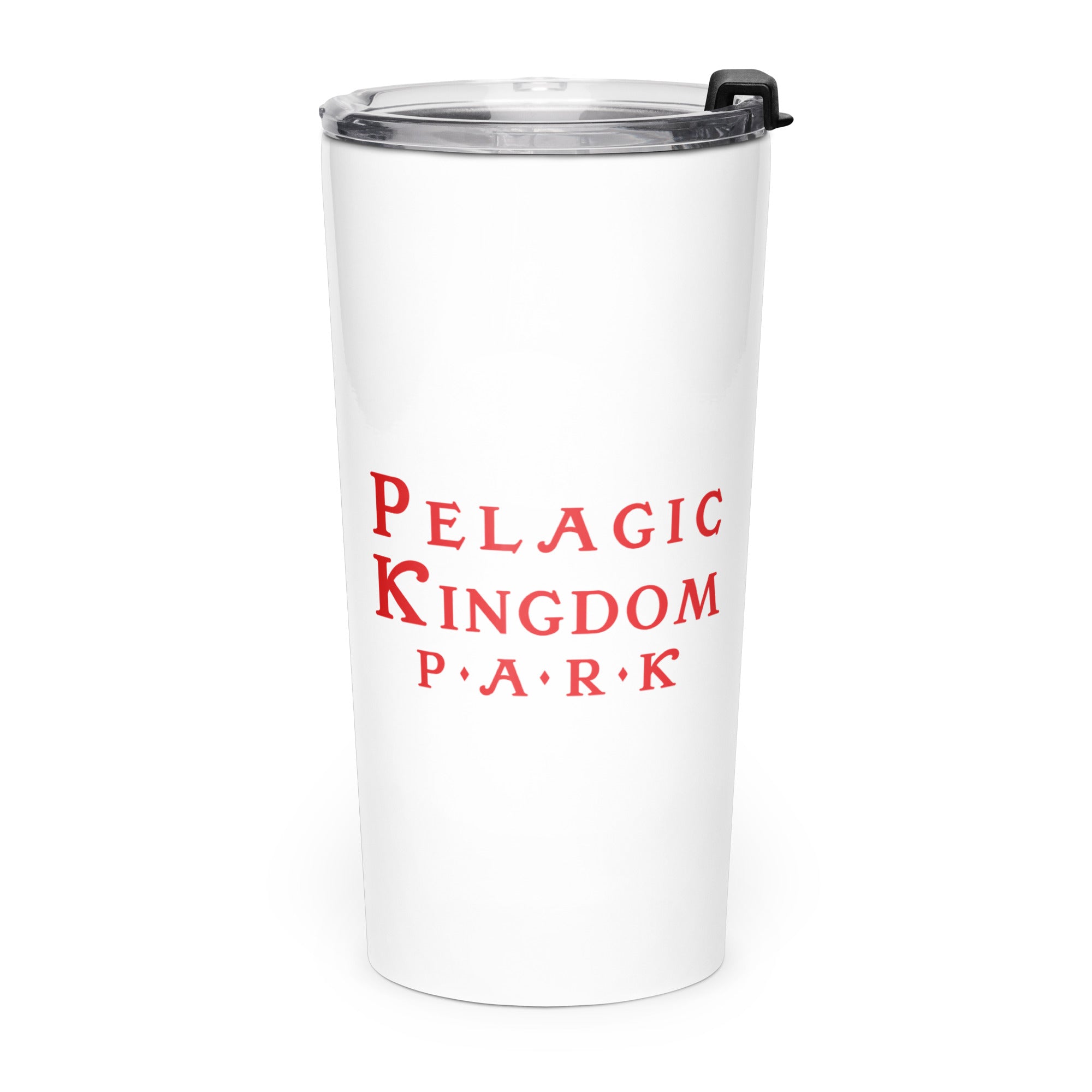 White stainless steel tumbler with the Pelagic Kingdom Park logo in red