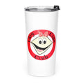 White tumbler with a cartoon clam design and ‘Caly Clam Club' text on a white background