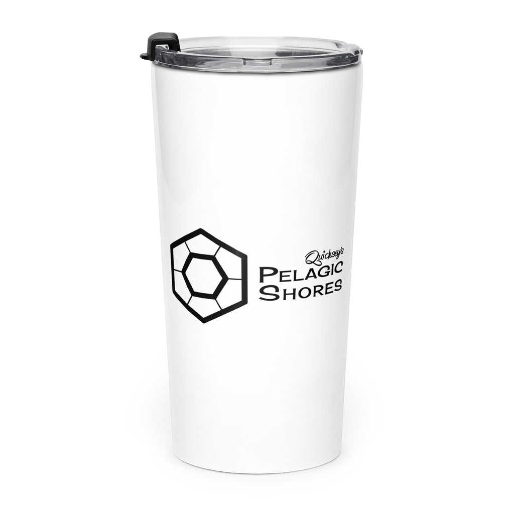 White tumbler with black Pelagic Shores logo and text on a white background