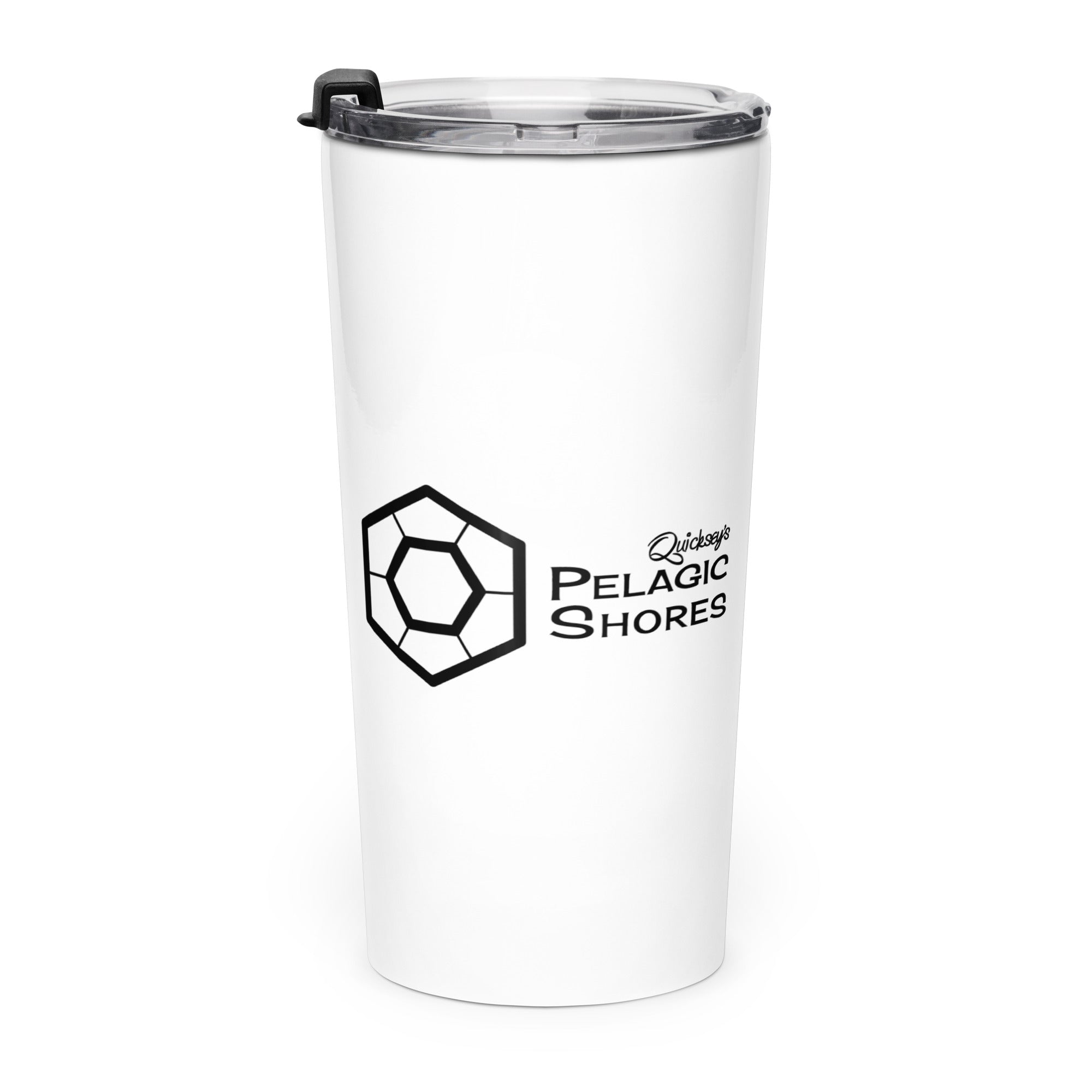 White tumbler with black Pelagic Shores logo and text on a white background