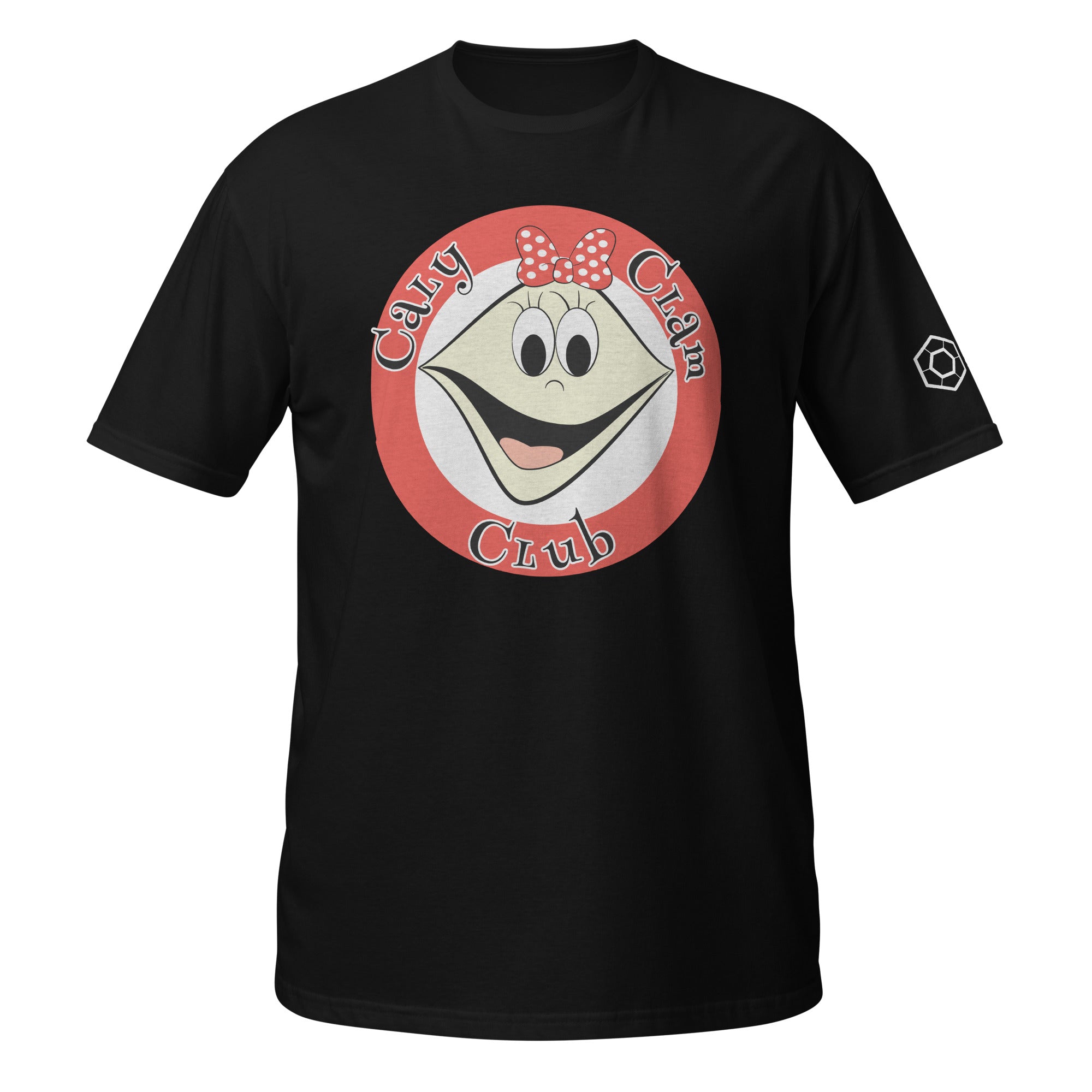Black T-shirt with smiling Caly Clam and red circle with the words ‘Caly Clam Club.'