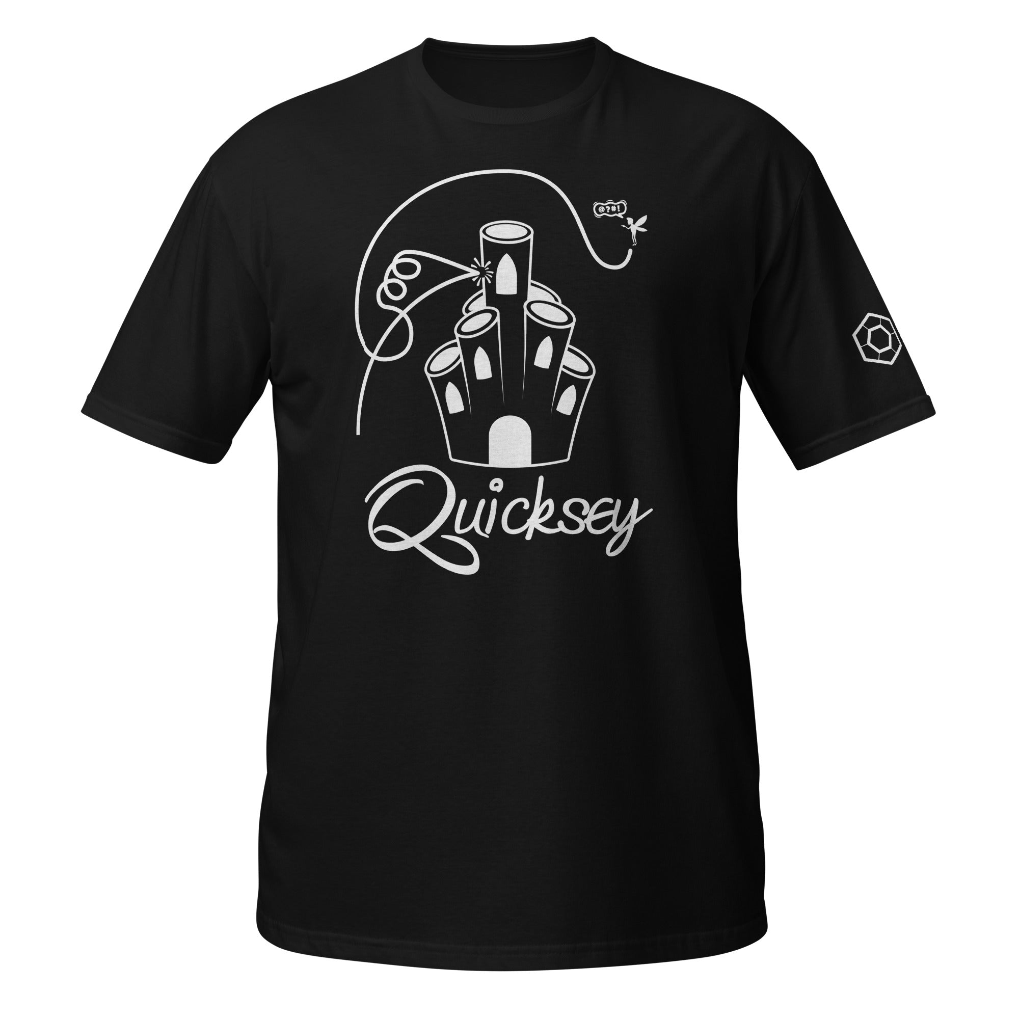 Black T-shirt depicting Coral Castle with the Quicksey logo beneath it. A small fairy-like creature is hovering and yelling and a line depicts the fairy’s flight path: crashing into the castle, spiraling, and flying over it.
