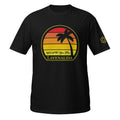 Black T-shirt with stylized sunset design with silhouette palm tree and the phrase ‘We’l @?#! you first’ above the word ‘Lavenalida’.