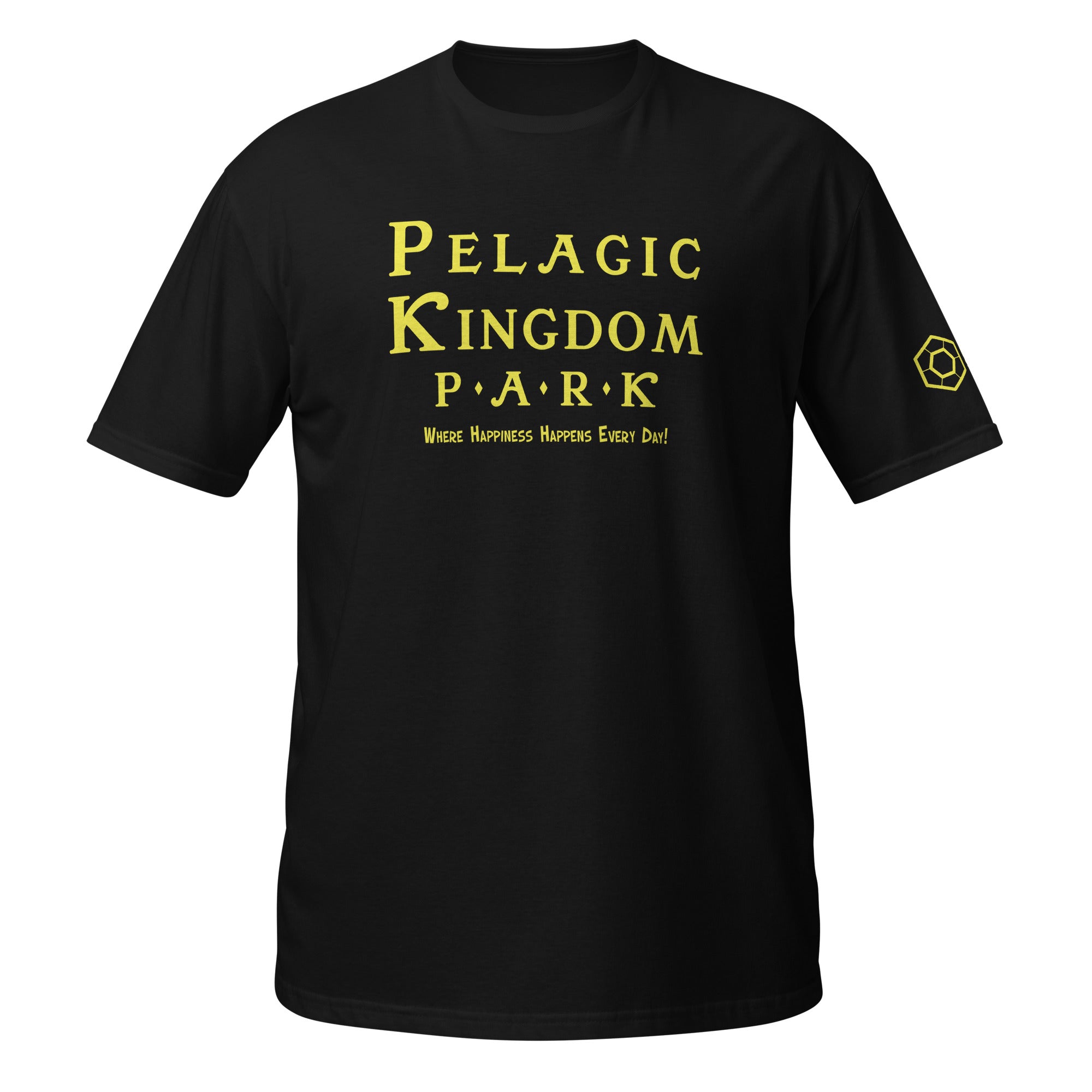 A black short-sleeve crewneck t-shirt with the Pelagic Kingdom Park logo printed in on the chest, shown against a plain white background.