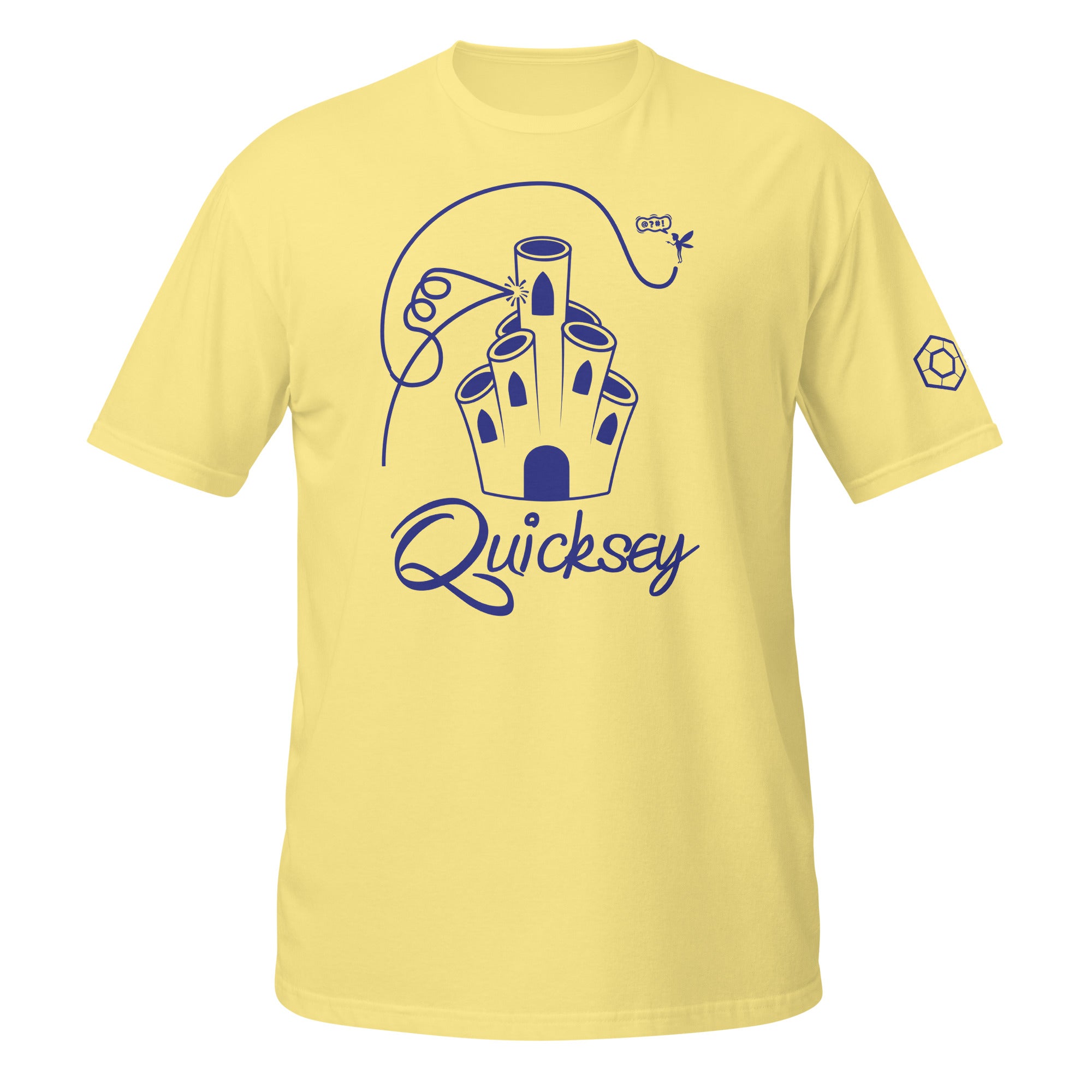 Cornsilk T-shirt depicting Coral Castle with the Quicksey logo beneath it. A small fairy-like creature is hovering and yelling and a line depicts the fairy’s flight path: crashing into the castle, spiraling, and flying over it.