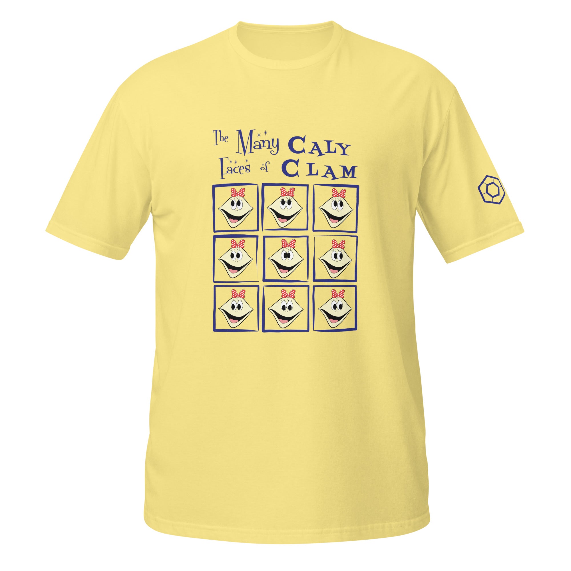 Yellow t-shirt with 'The Many Faces of Caly Clam' graphic design on a white background