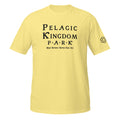 A yellow short-sleeve crewneck t-shirt with the Pelagic Kingdom Park logo printed in on the chest, shown against a plain white background.