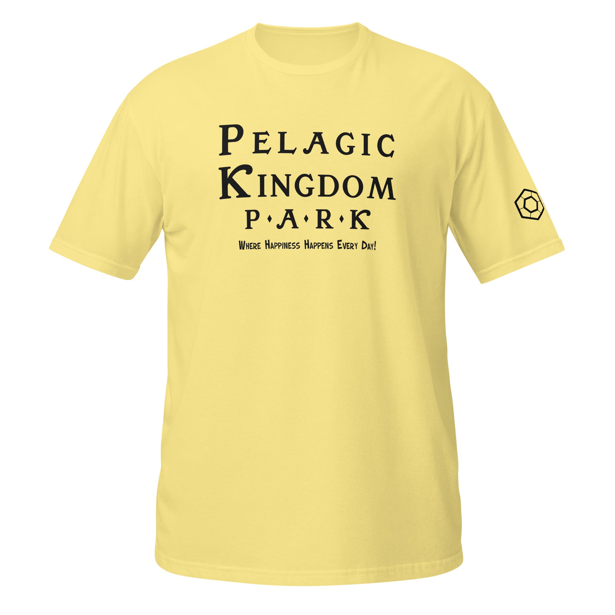 A yellow short-sleeve crewneck t-shirt with the Pelagic Kingdom Park logo printed in on the chest, shown against a plain white background.