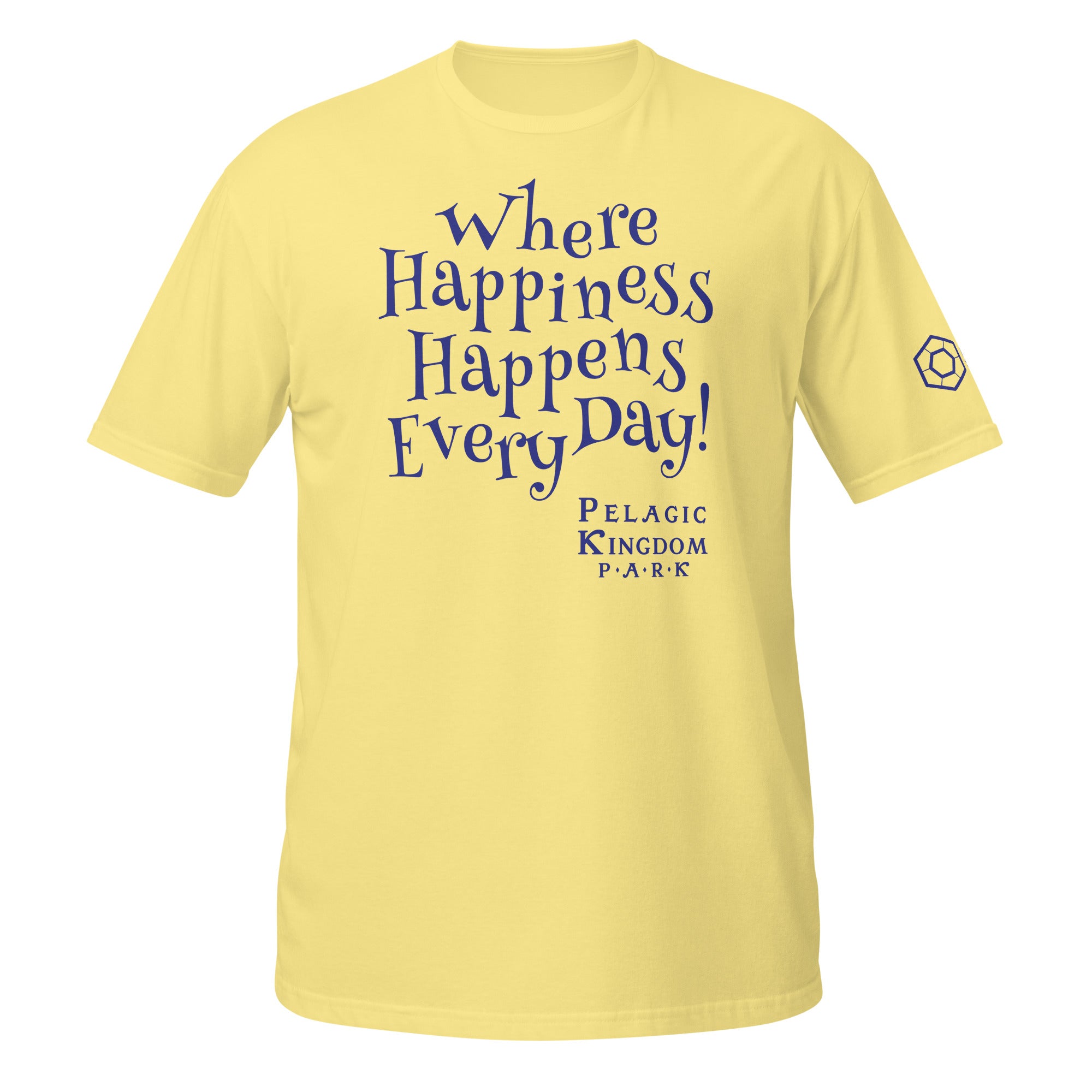 A yellow short-sleeve t-shirt with purple text on the front reading 'Where Happiness Happens Every Day!' and the Pelagic Kingdom Park logo below.