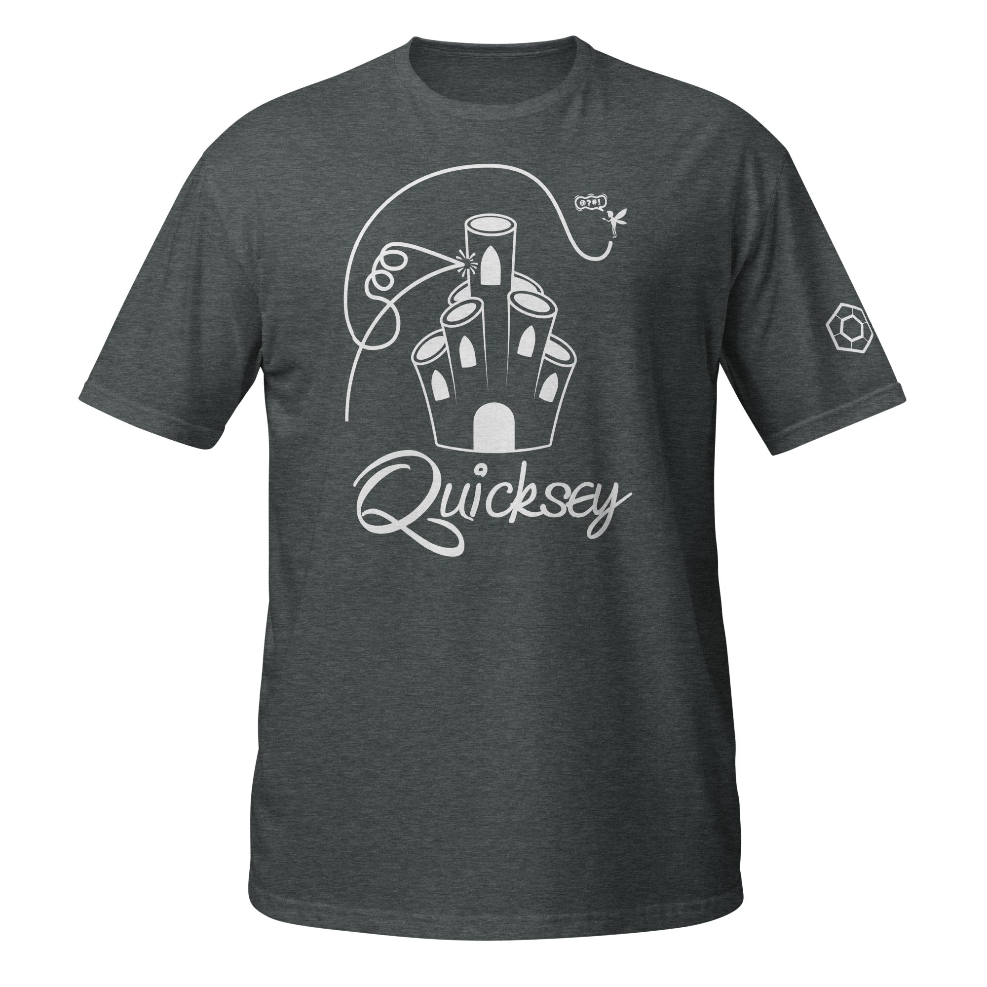 Dark heather T-shirt depicting Coral Castle with the Quicksey logo beneath it. A small fairy-like creature is hovering and yelling and a line depicts the fairy’s flight path: crashing into the castle, spiraling, and flying over it.
