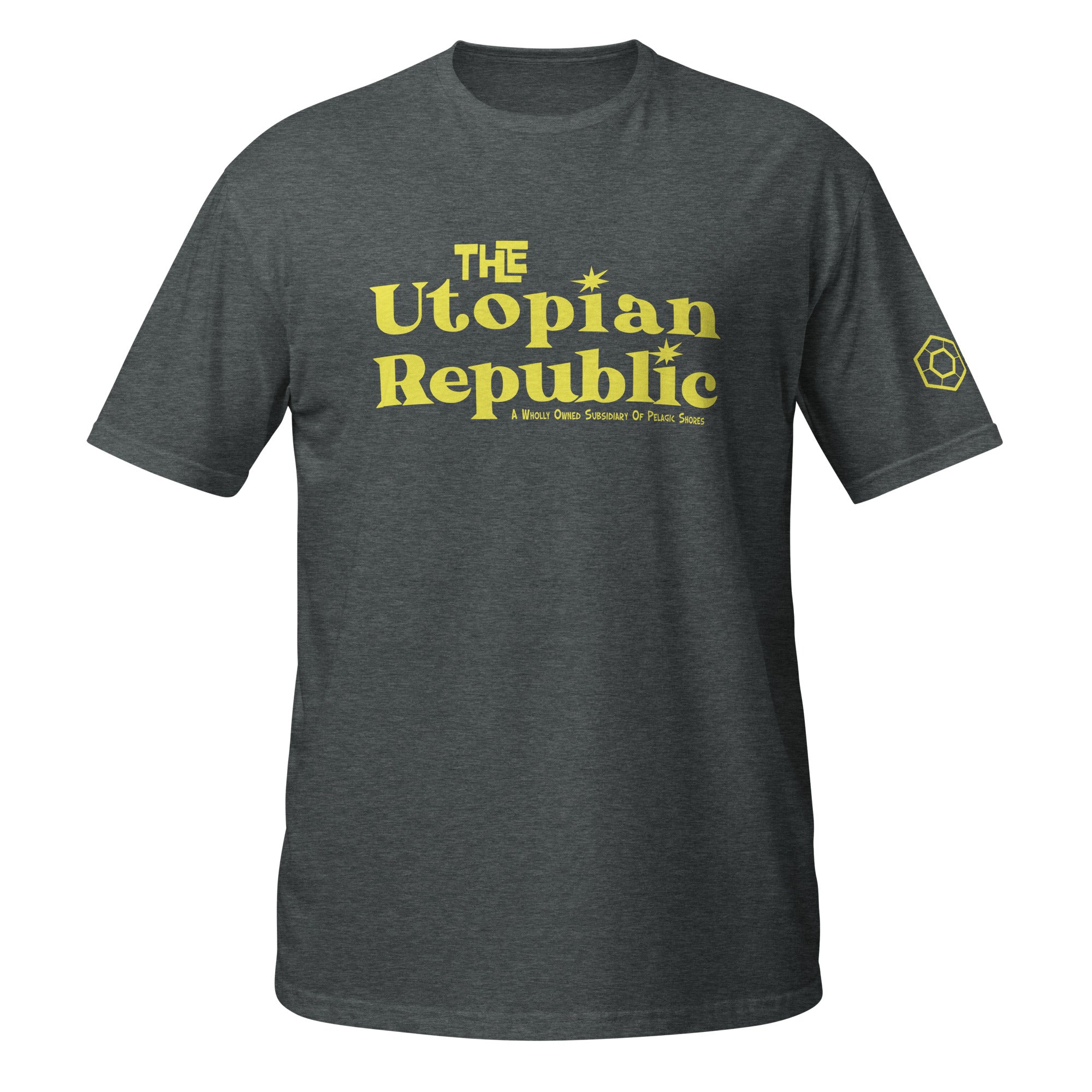 Dark heather t-shirt with the Utopian Republic logo