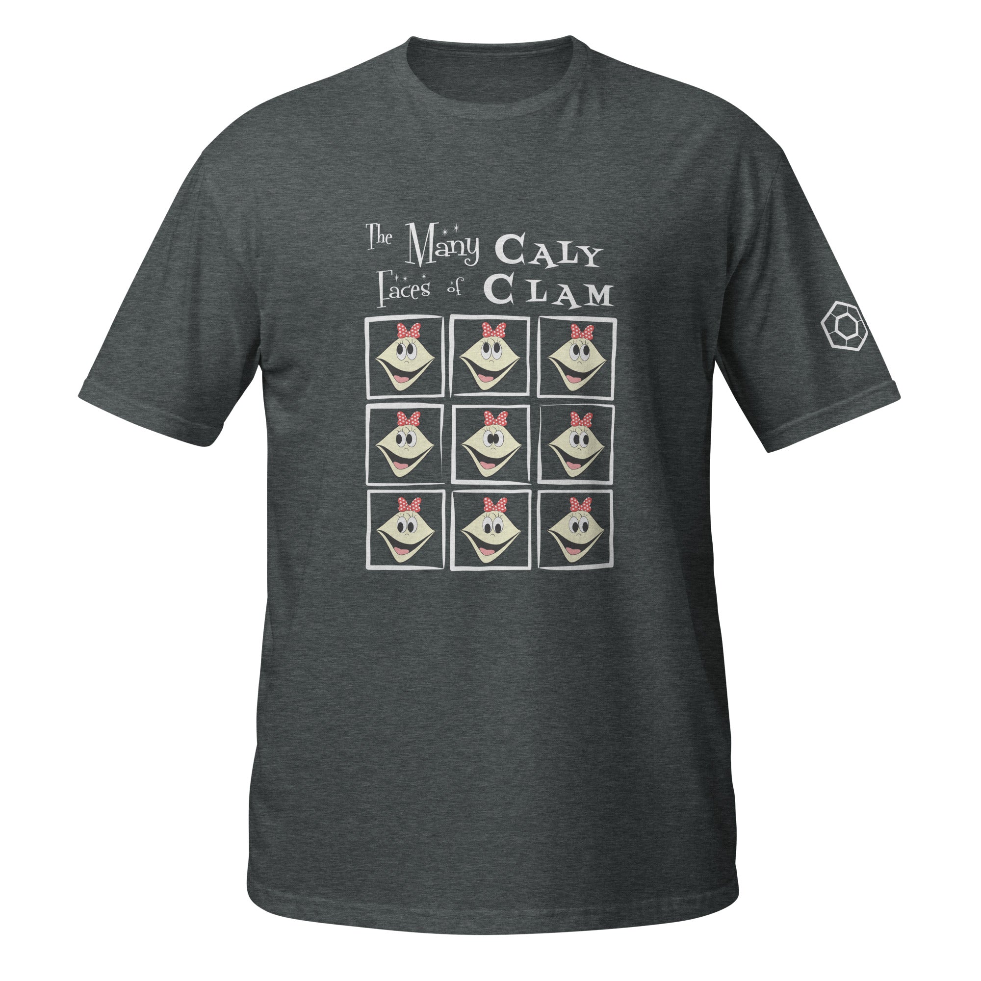 Dark heather t-shirt with 'The Many Faces of Caly Clam' graphic design on a white background