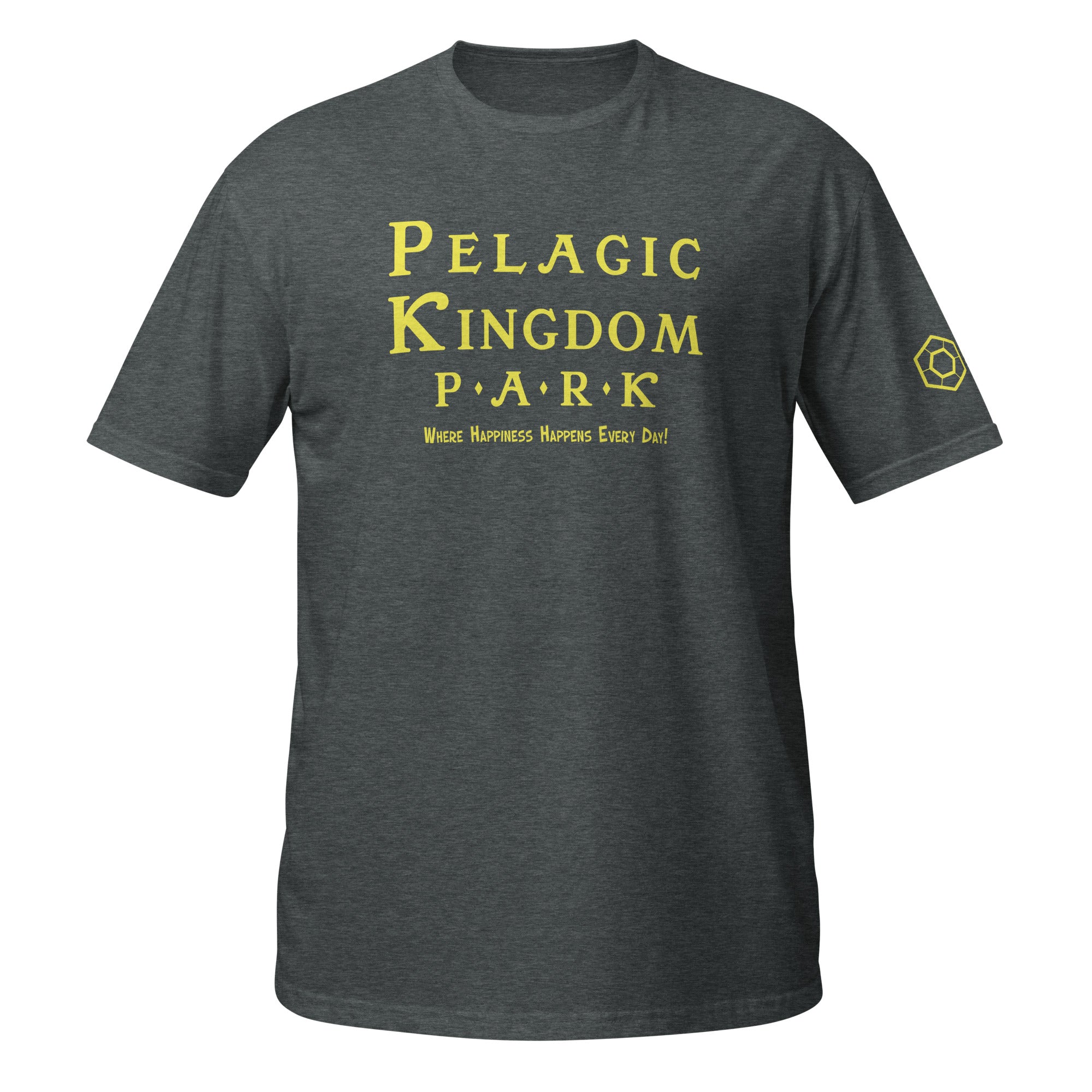 A heather gray short-sleeve crewneck t-shirt with the Pelagic Kingdom Park logo printed in on the chest, shown against a plain white background.