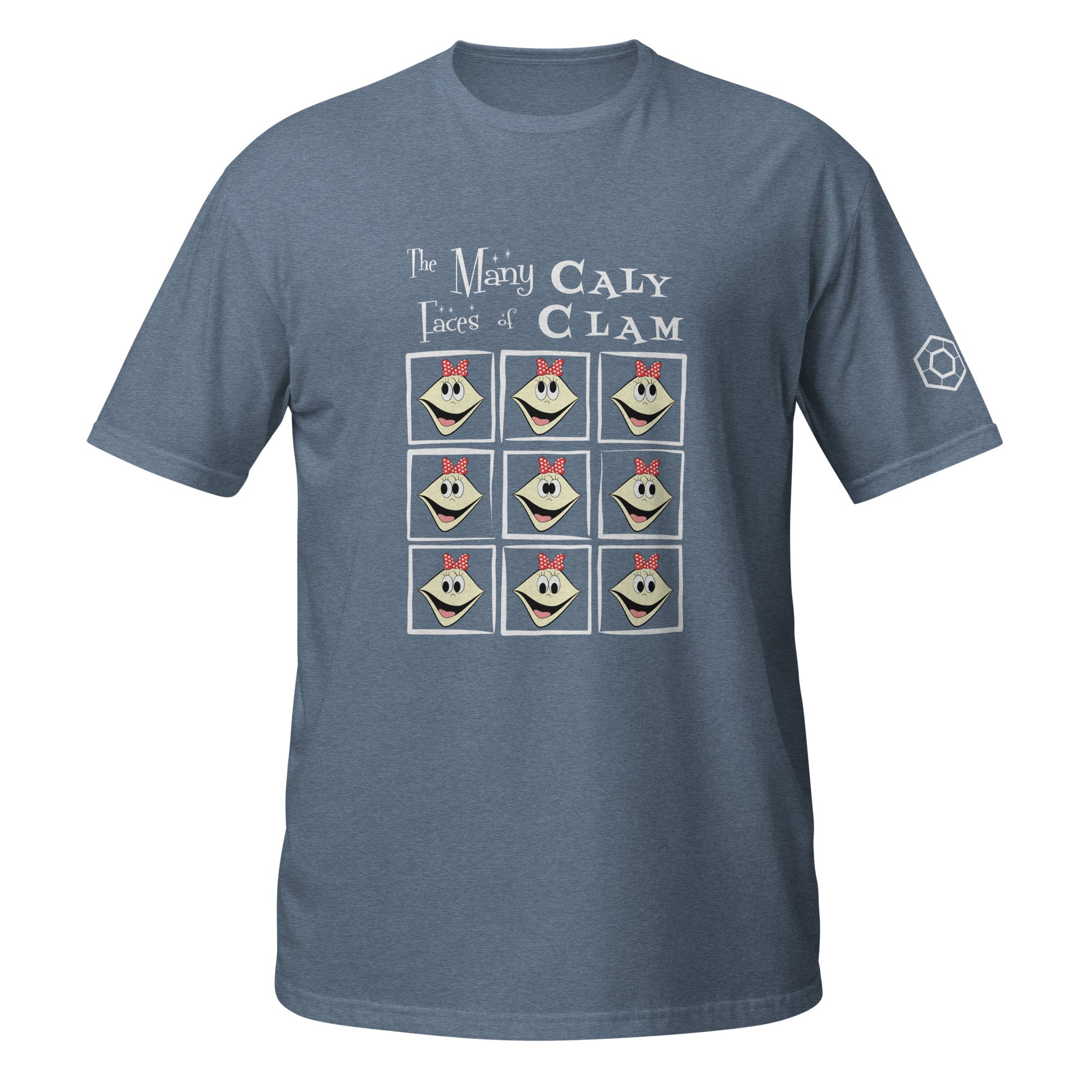 Indigo t-shirt with 'The Many Faces of Caly Clam' graphic design on a white background