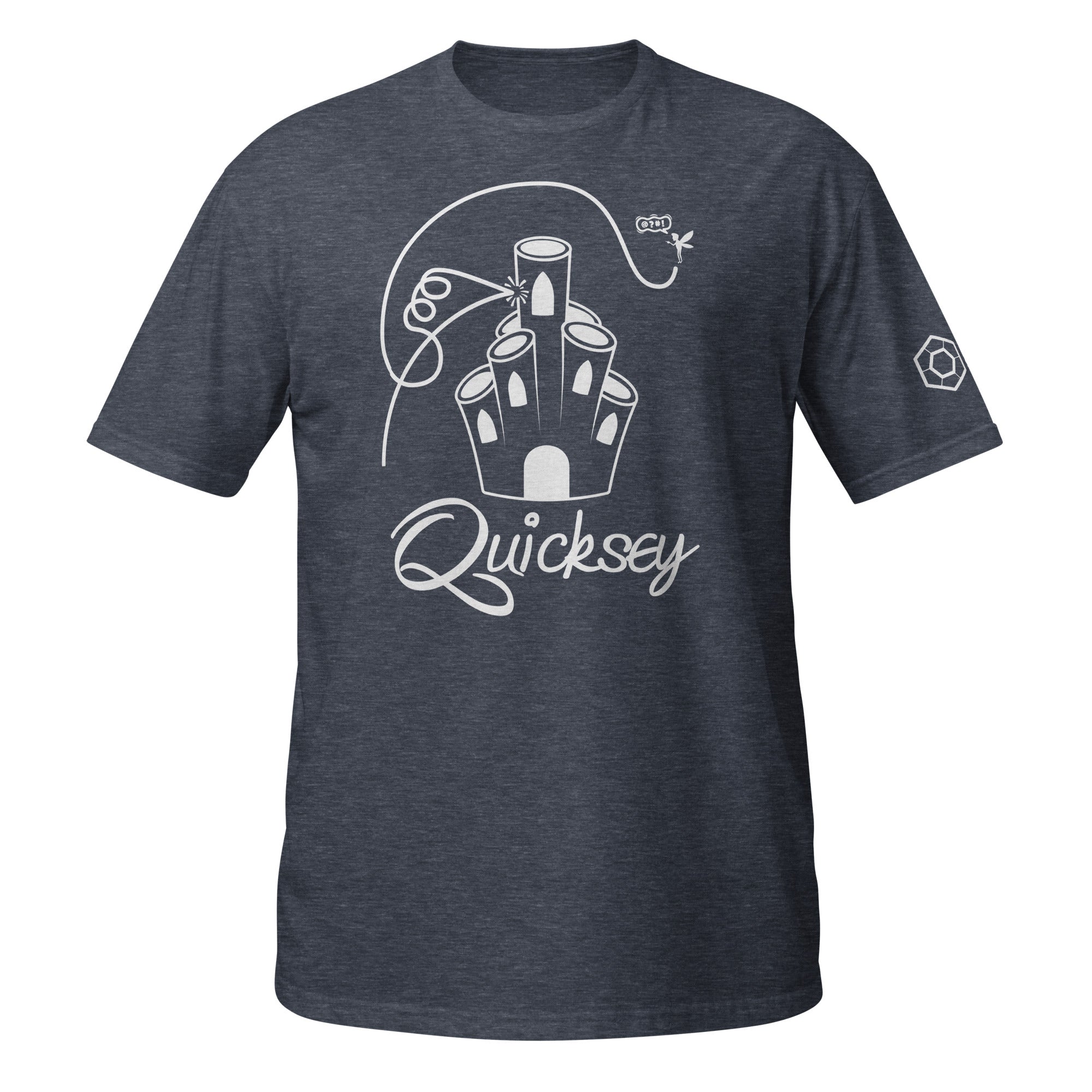 Heather navy T-shirt depicting Coral Castle with the Quicksey logo beneath it. A small fairy-like creature is hovering and yelling and a line depicts the fairy’s flight path: crashing into the castle, spiraling, and flying over it.