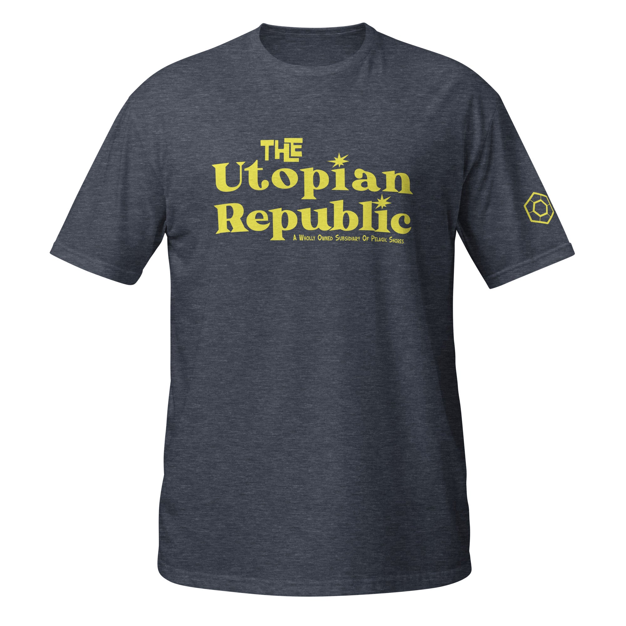 Navy heather t-shirt with the Utopian Republic logo