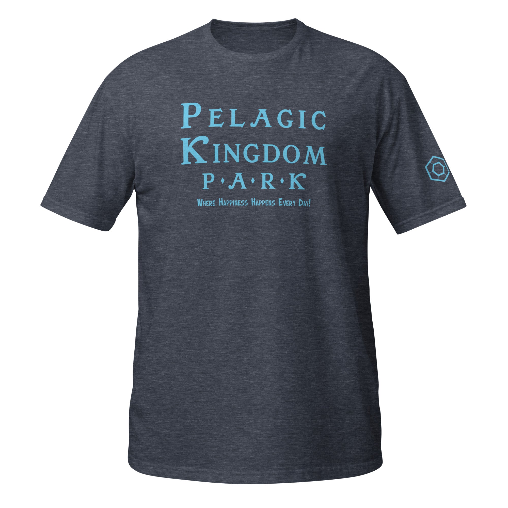 A heather navy short-sleeve crewneck t-shirt with the Pelagic Kingdom Park logo printed in on the chest, shown against a plain white background.