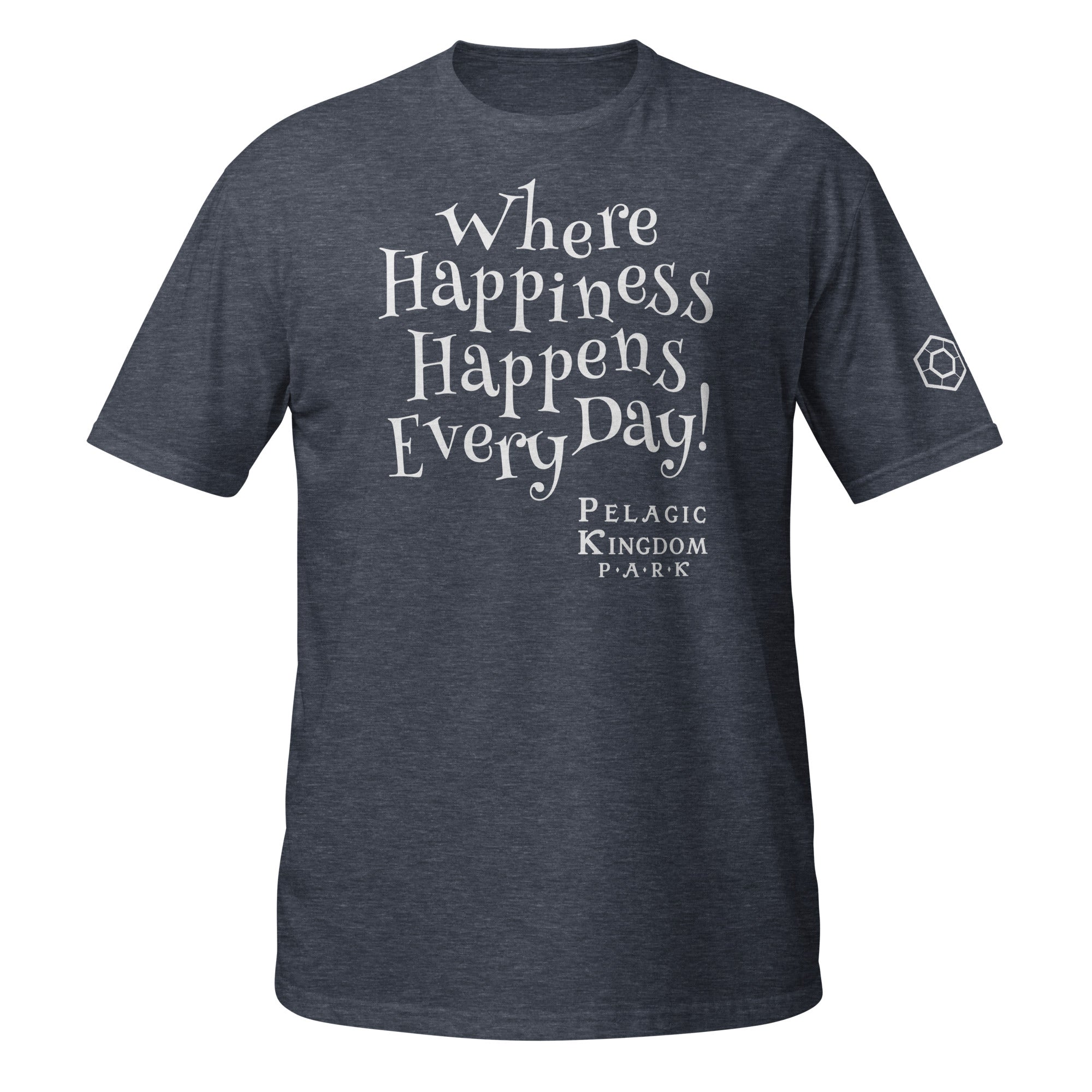 A heather navy short-sleeve t-shirt with white text on the front reading 'Where Happiness Happens Every Day!' and the Pelagic Kingdom Park logo below.