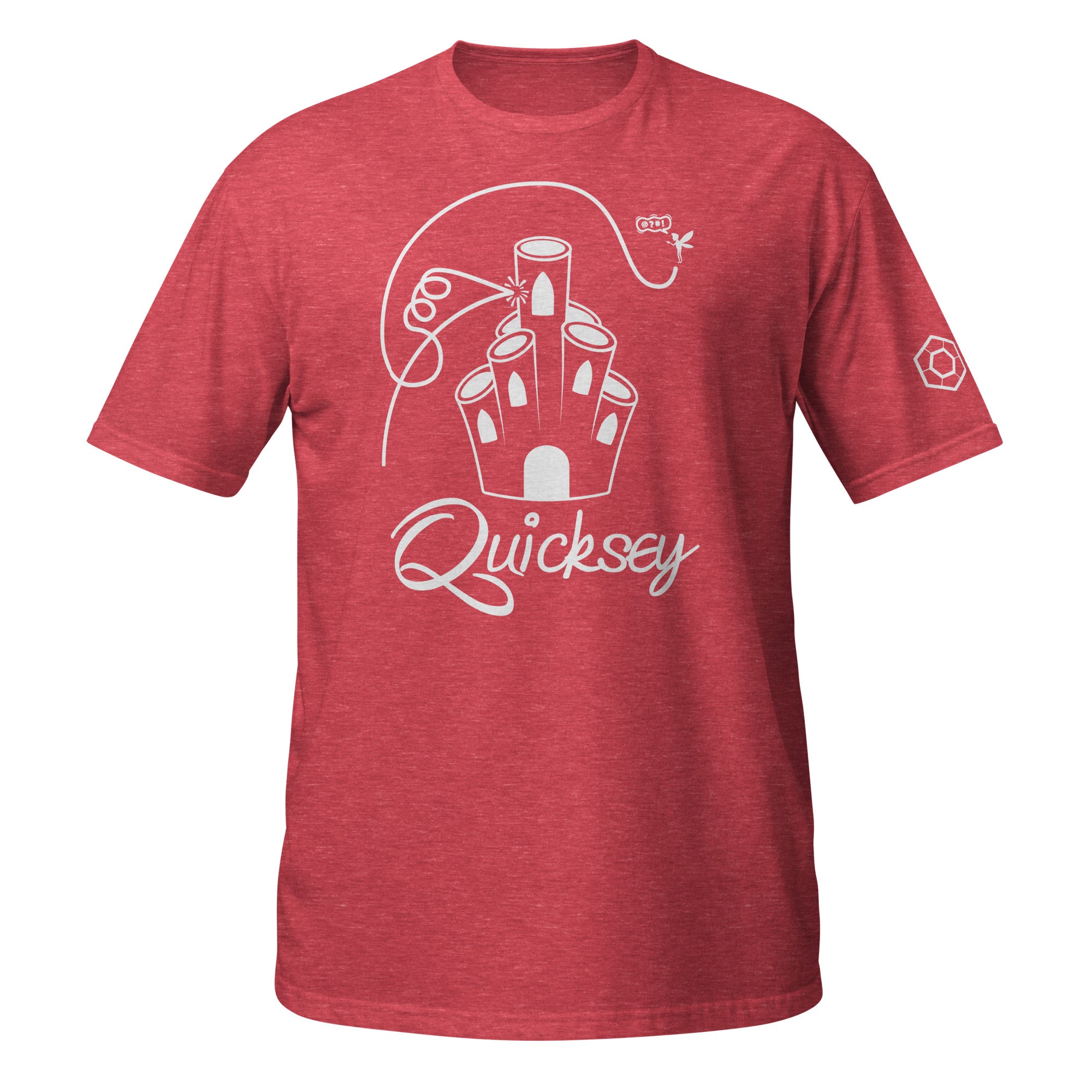Heather red T-shirt depicting Coral Castle with the Quicksey logo beneath it. A small fairy-like creature is hovering and yelling and a line depicts the fairy’s flight path: crashing into the castle, spiraling, and flying over it.