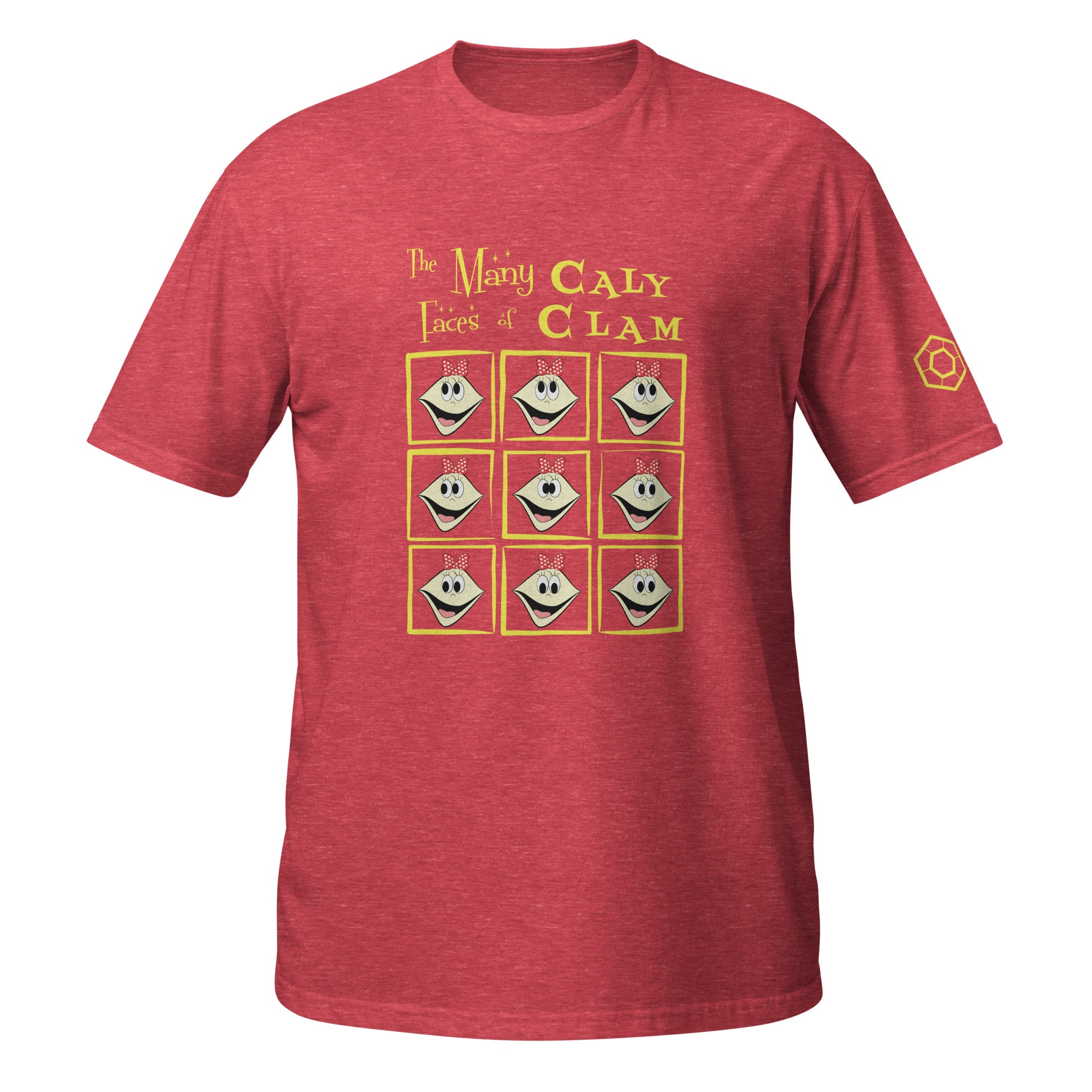 Red t-shirt with 'The Many Faces of Caly Clam' graphic design on a white background