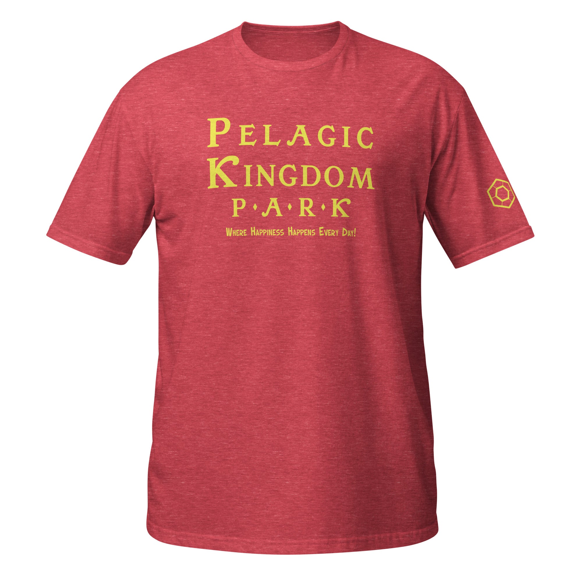 A heather red short-sleeve crewneck t-shirt with the Pelagic Kingdom Park logo printed in on the chest, shown against a plain white background.
