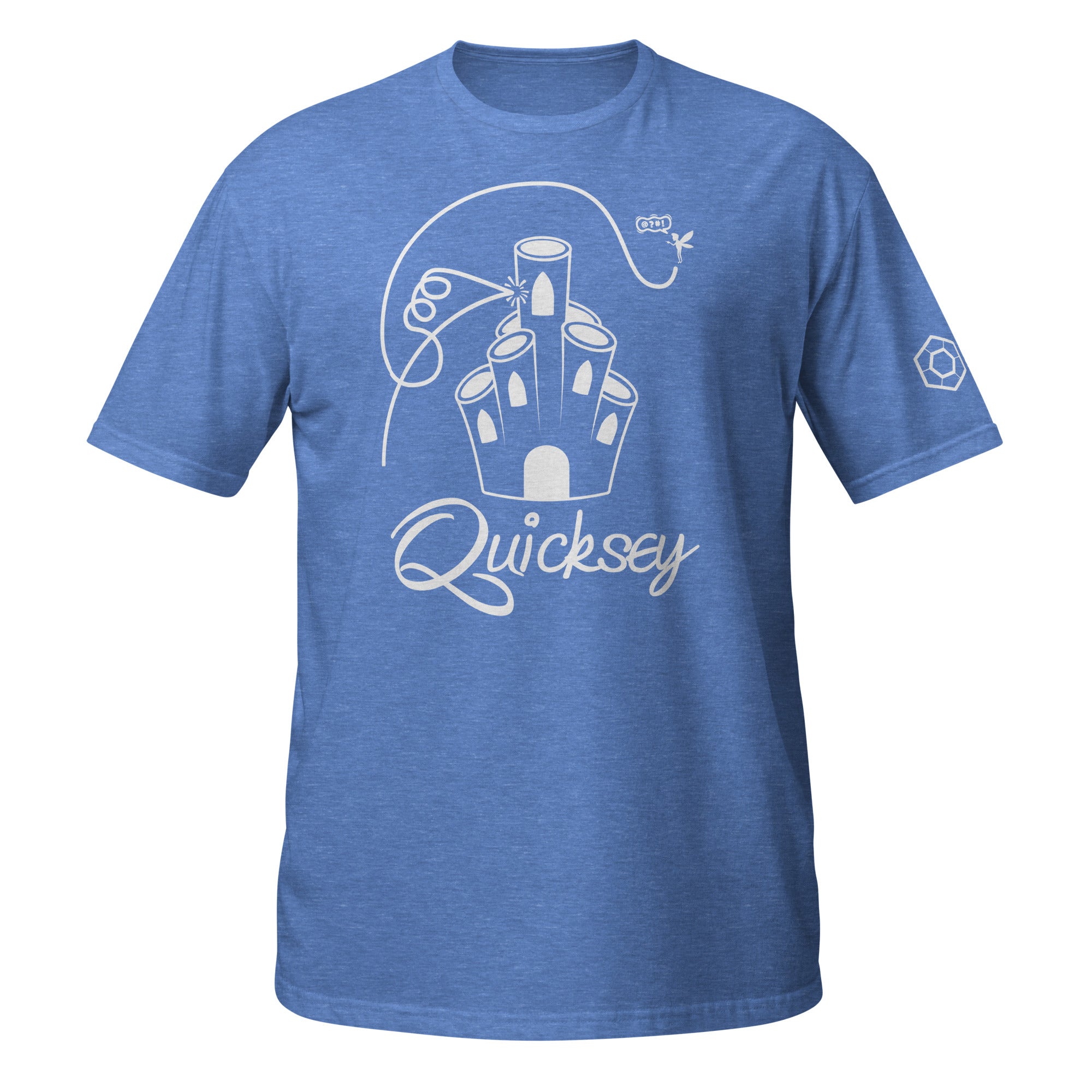 Heather royal T-shirt depicting Coral Castle with the Quicksey logo beneath it. A small fairy-like creature is hovering and yelling and a line depicts the fairy’s flight path: crashing into the castle, spiraling, and flying over it.
