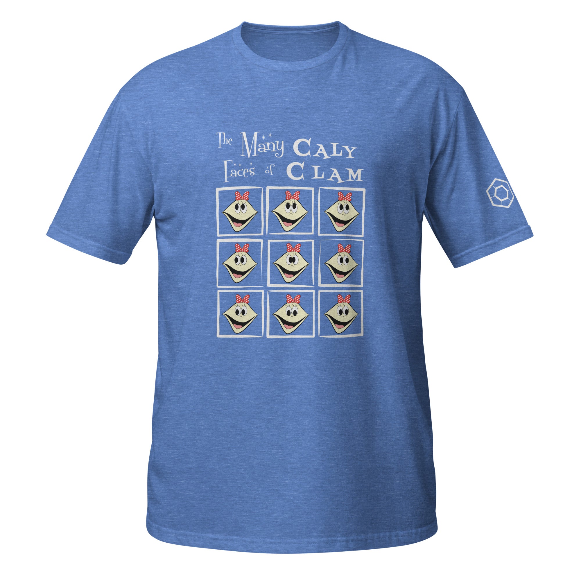 Blue t-shirt with 'The Many Faces of Caly Clam' graphic design on a white background