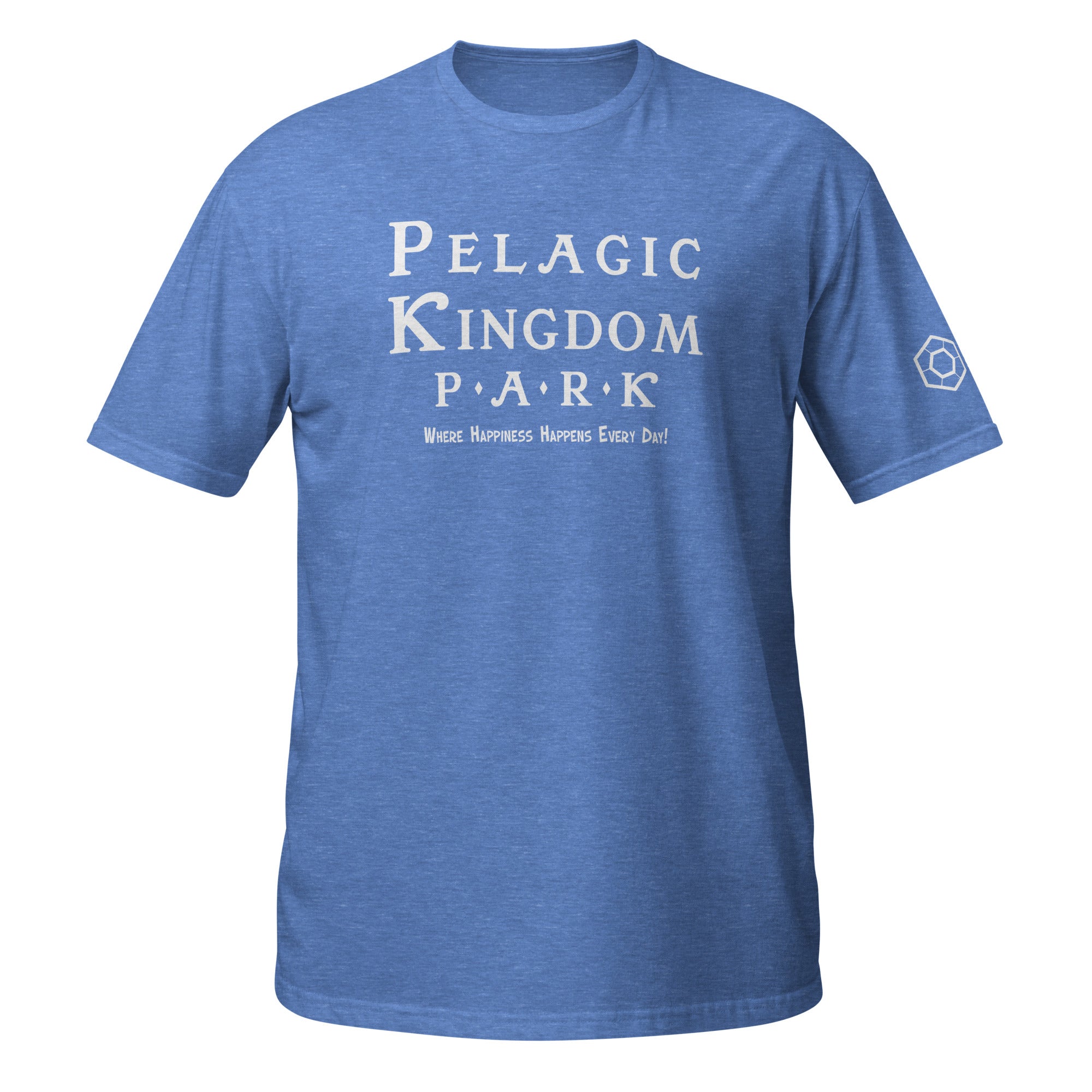 A heather royal short-sleeve crewneck t-shirt with the Pelagic Kingdom Park logo printed in on the chest, shown against a plain white background.