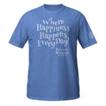A heather royal short-sleeve t-shirt with white text on the front reading 'Where Happiness Happens Every Day!' and the Pelagic Kingdom Park logo below.