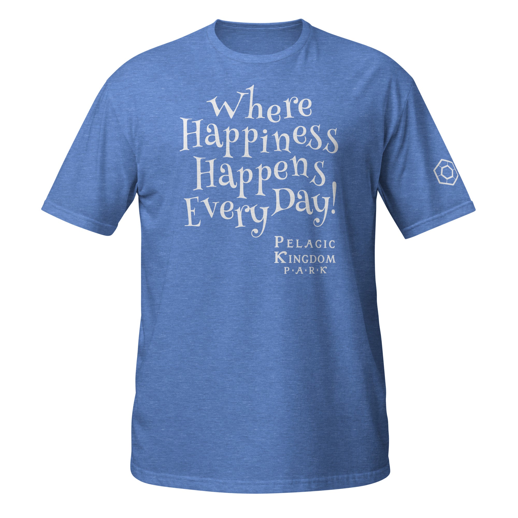A heather royal short-sleeve t-shirt with white text on the front reading 'Where Happiness Happens Every Day!' and the Pelagic Kingdom Park logo below.