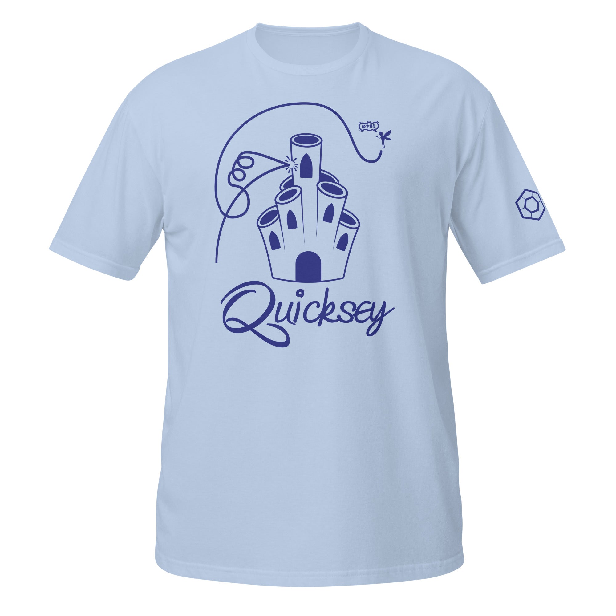Light blue T-shirt depicting Coral Castle with the Quicksey logo beneath it. A small fairy-like creature is hovering and yelling and a line depicts the fairy’s flight path: crashing into the castle, spiraling, and flying over it.