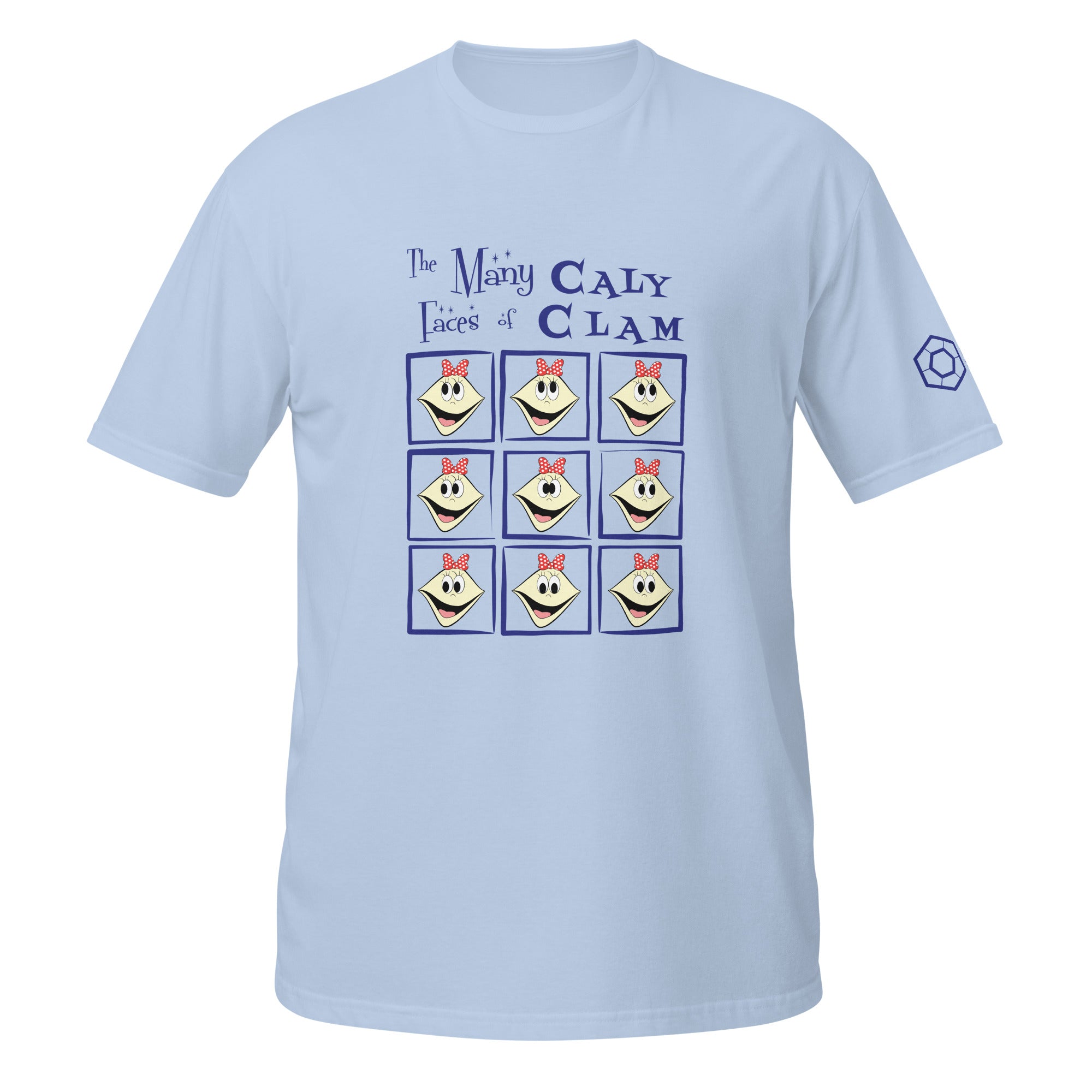 Light blue t-shirt with 'The Many Faces of Caly Clam' graphic design on a white background