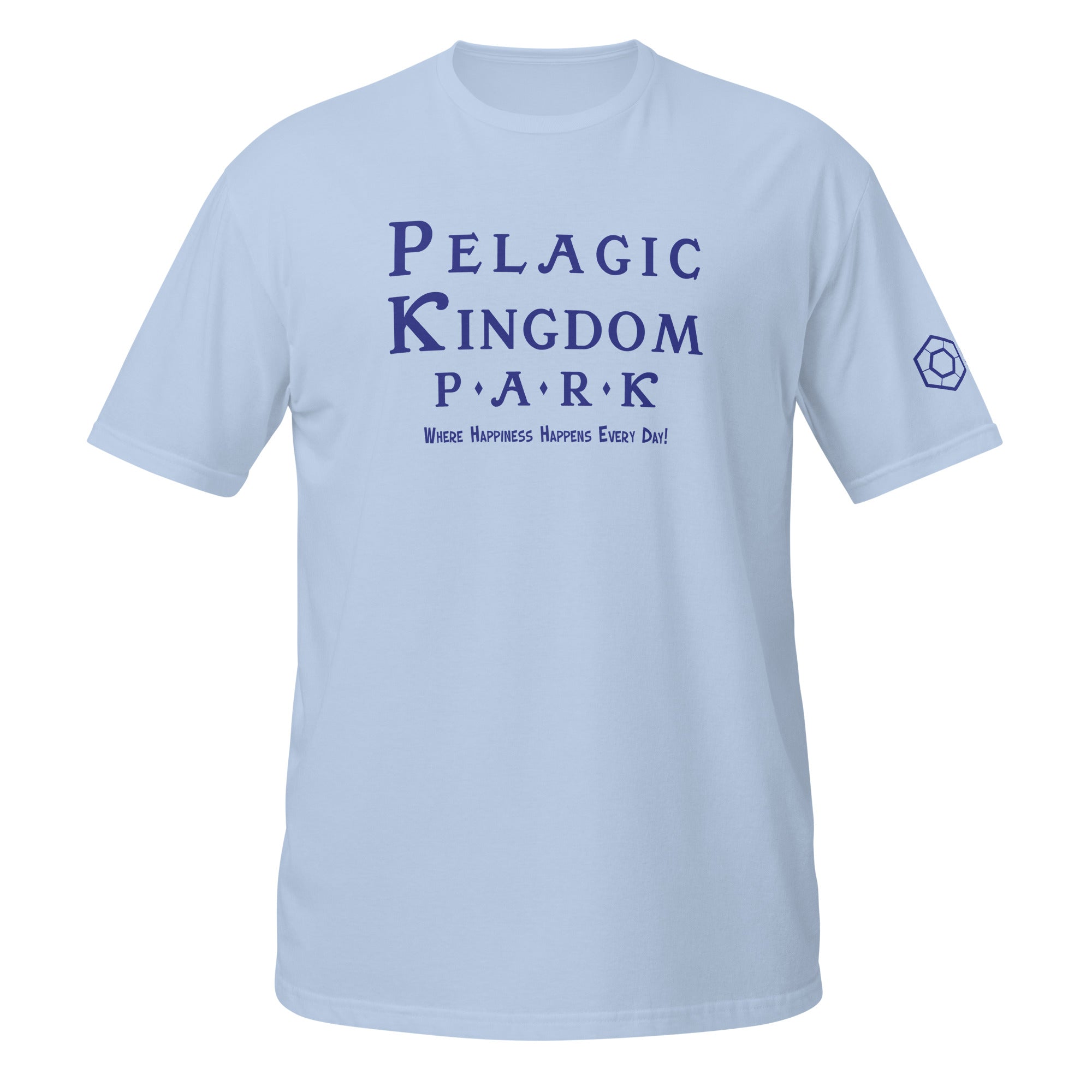 A light blue short-sleeve crewneck t-shirt with the Pelagic Kingdom Park logo printed in on the chest, shown against a plain white background.