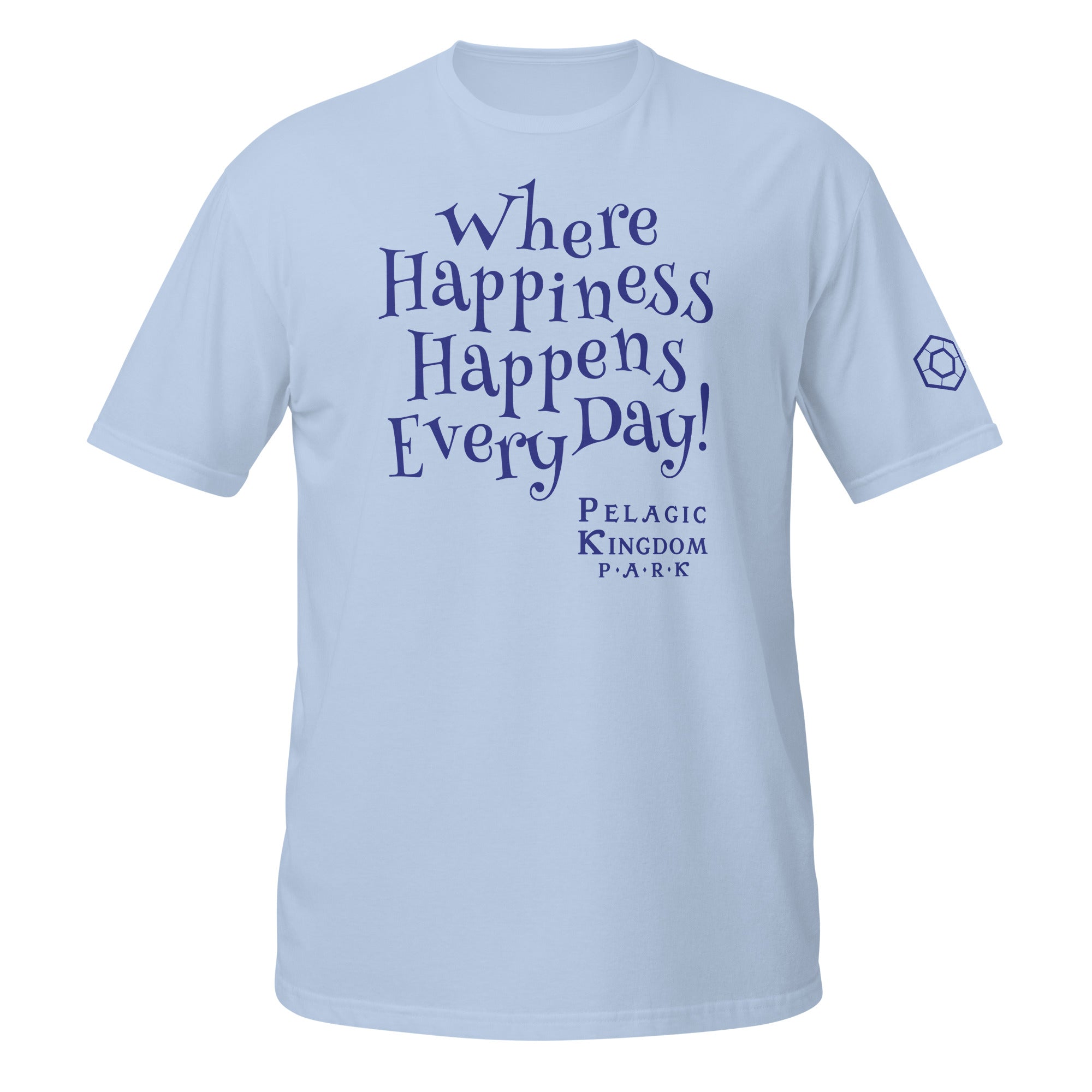 A light blue short-sleeve t-shirt with white text on the front reading 'Where Happiness Happens Every Day!' and the Pelagic Kingdom Park logo below.