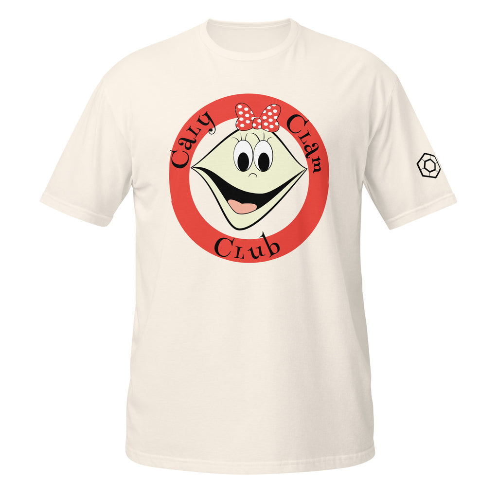 Natural T-shirt with smiling Caly Clam and red circle with the words ‘Caly Clam Club.'