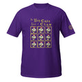 Purple t-shirt with 'The Many Faces of Caly Clam' design on a white background