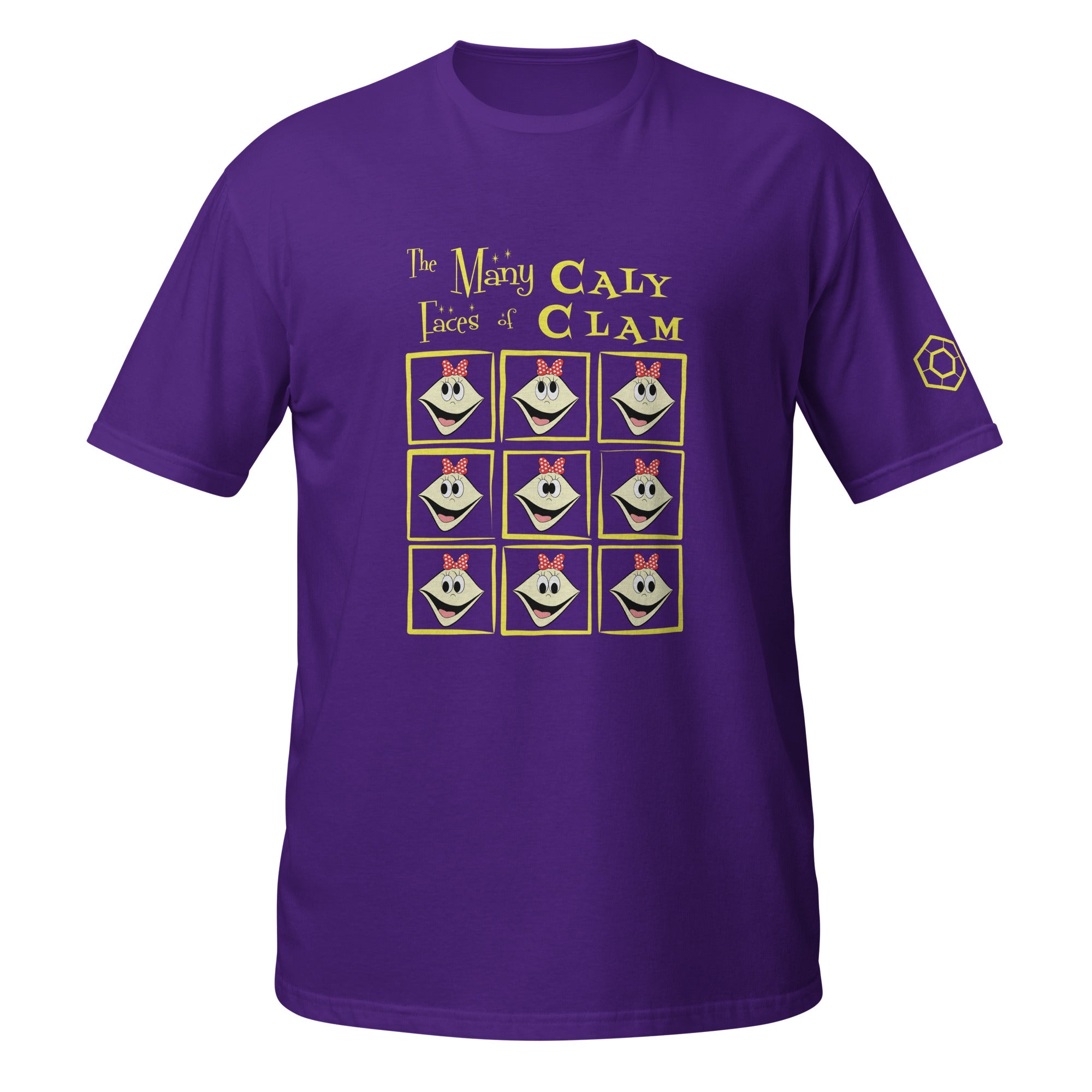 Purple t-shirt with 'The Many Faces of Caly Clam' design on a white background