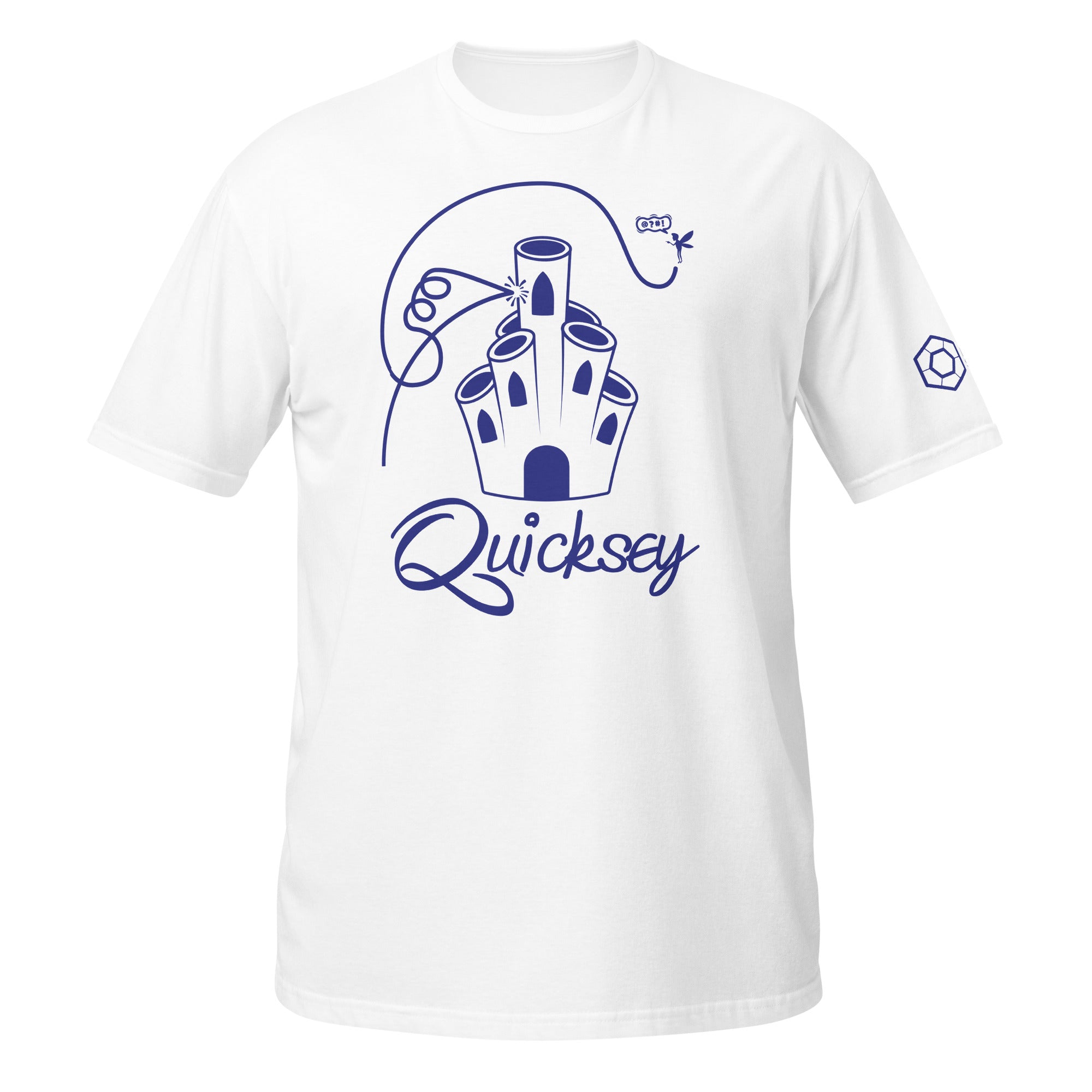 White T-shirt depicting Coral Castle with the Quicksey logo beneath it. A small fairy-like creature is hovering and yelling and a line depicts the fairy’s flight path: crashing into the castle, spiraling, and flying over it.